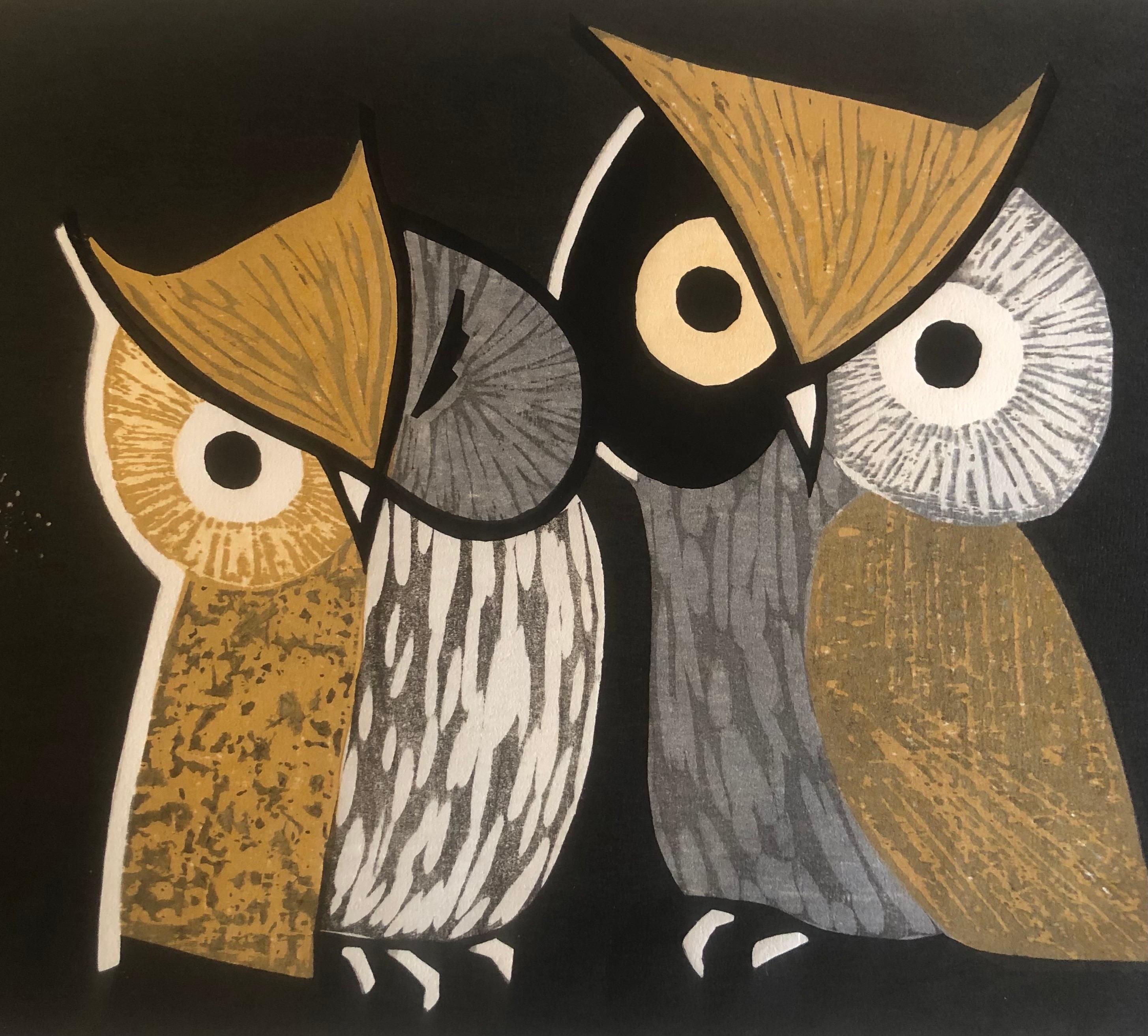 Mid-Century Modern Mid-Century Wood Block Owl Print 