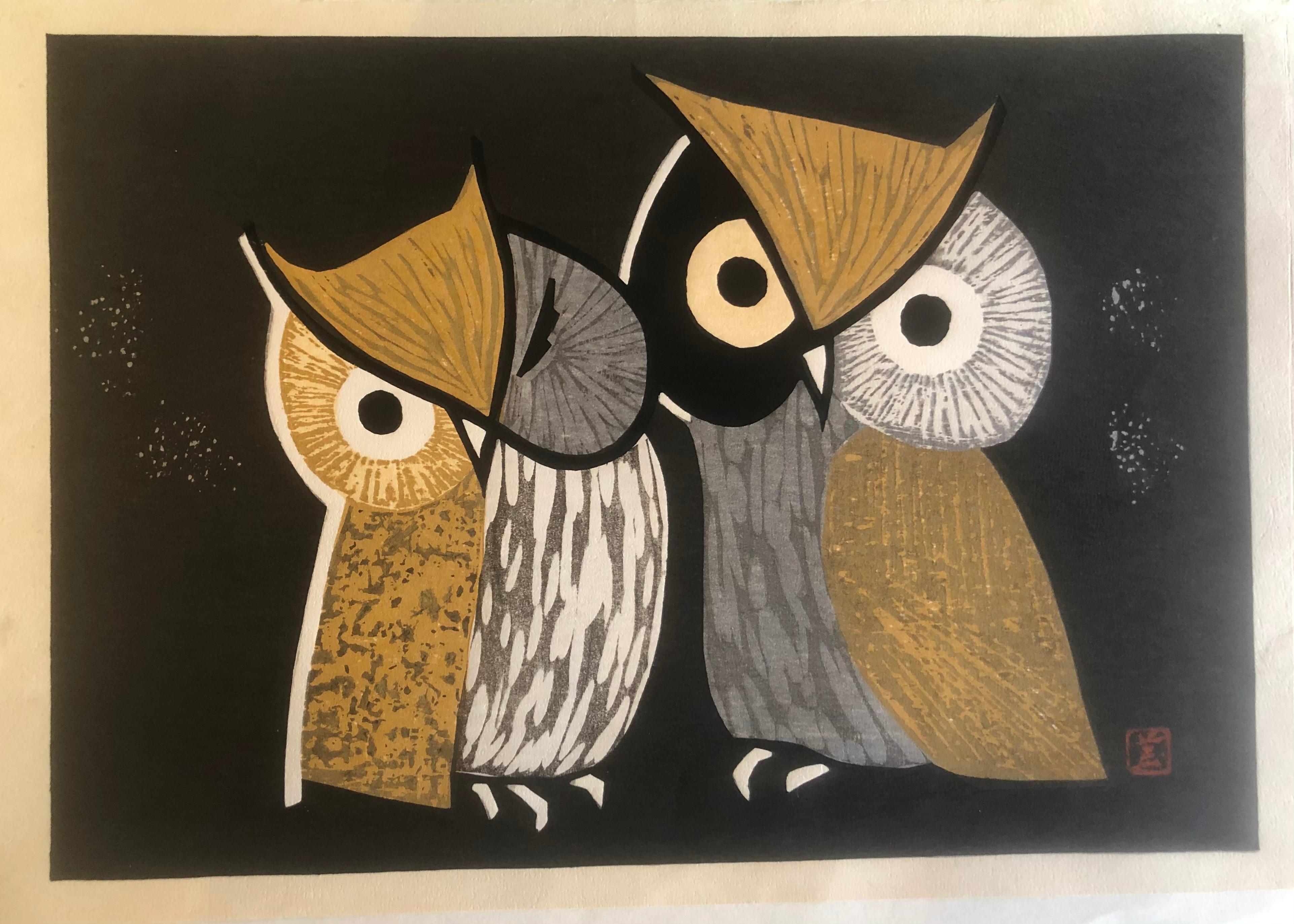 Japanese Mid-Century Wood Block Owl Print 