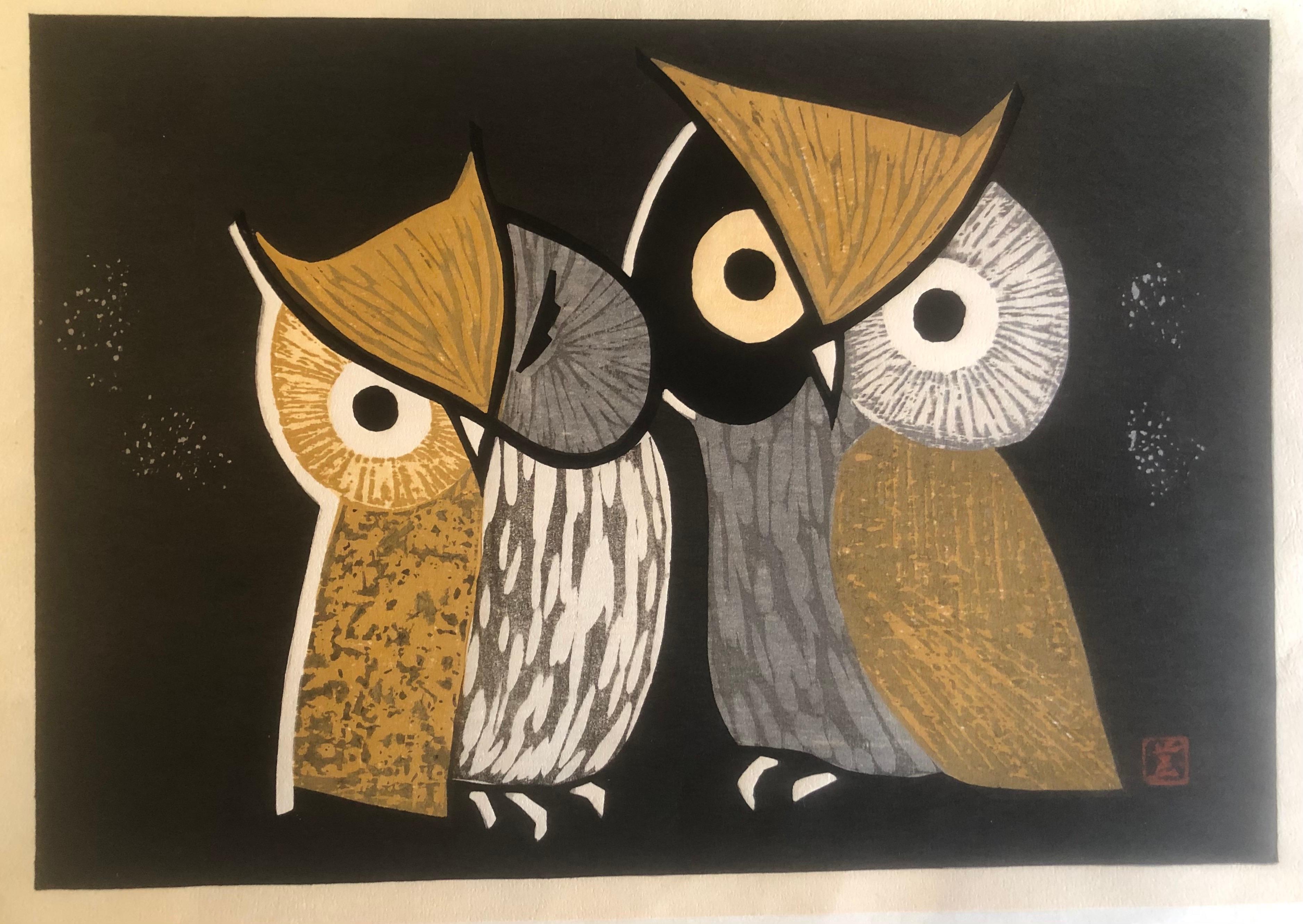 Mid-Century Wood Block Owl Print 