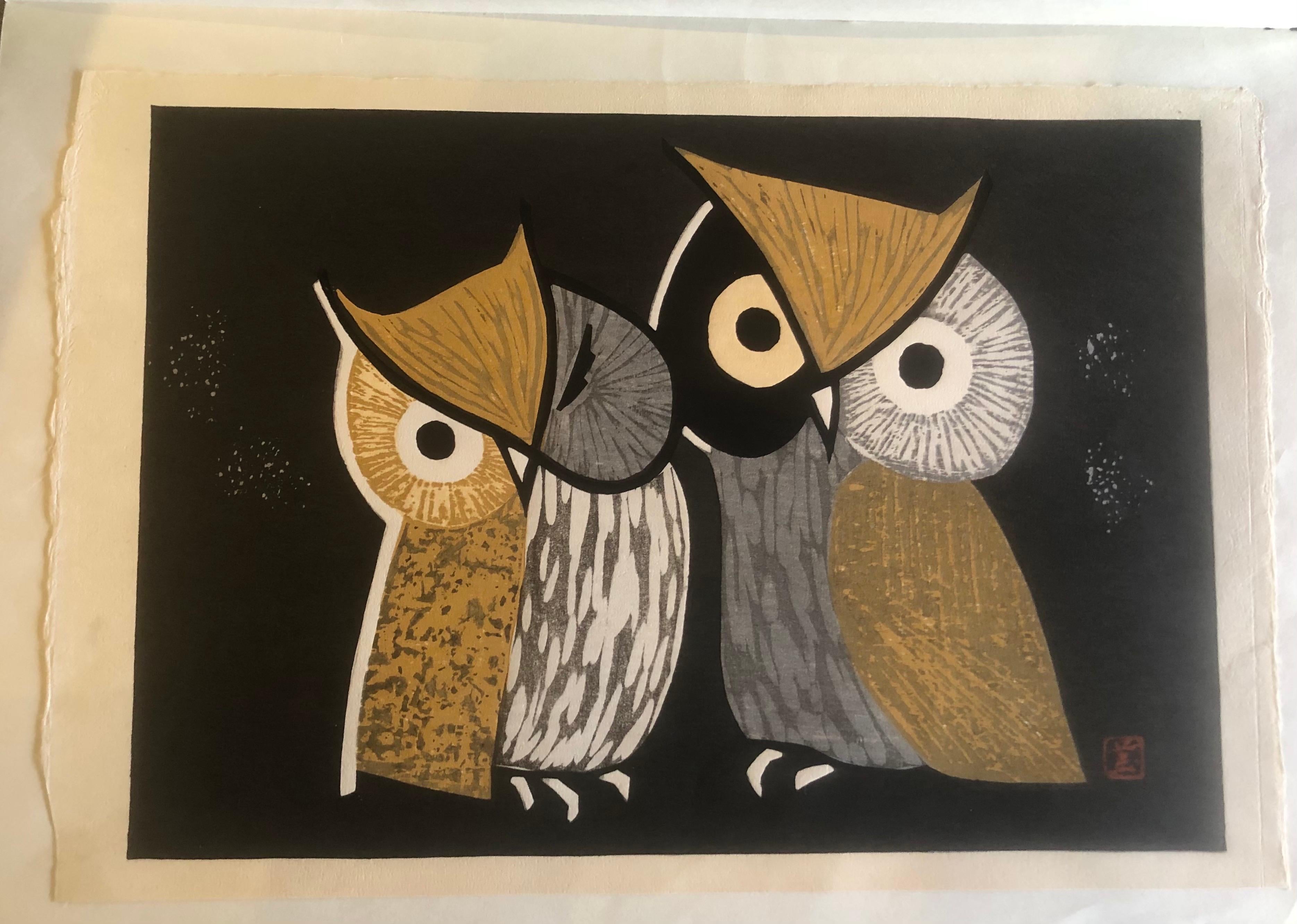 19th Century Mid-Century Wood Block Owl Print 