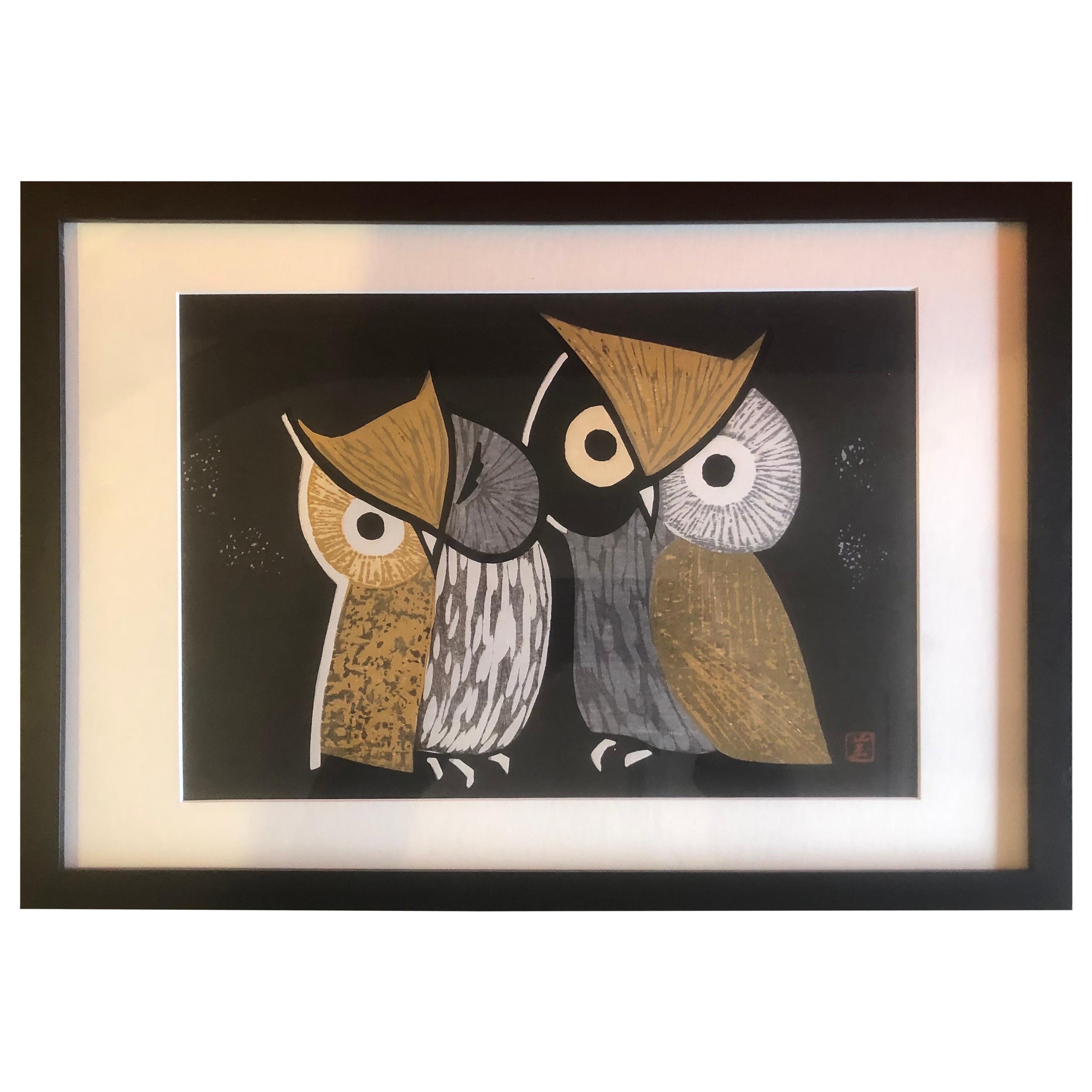 Mid-Century Wood Block Owl Print "Three Eyes" by Kaoru Kawano For Sale