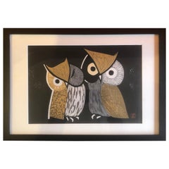 Stampa gufo a blocchi di legno di metà secolo "Three Eyes" di Kaoru Kawano