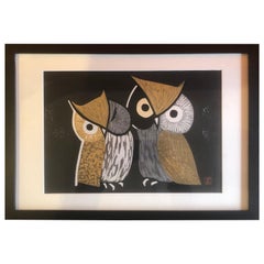 Antique Mid-Century Wood Block Owl Print "Three Eyes" by Kaoru Kawano