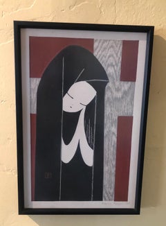 Midcentury Wood Block Print of Young Woman Praying by Kaoru Kawano