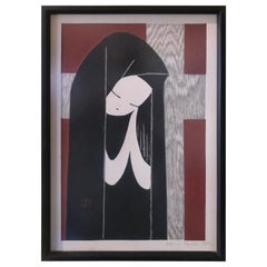 Midcentury Wood Block Print of Young Woman Praying by Kaoru Kawano