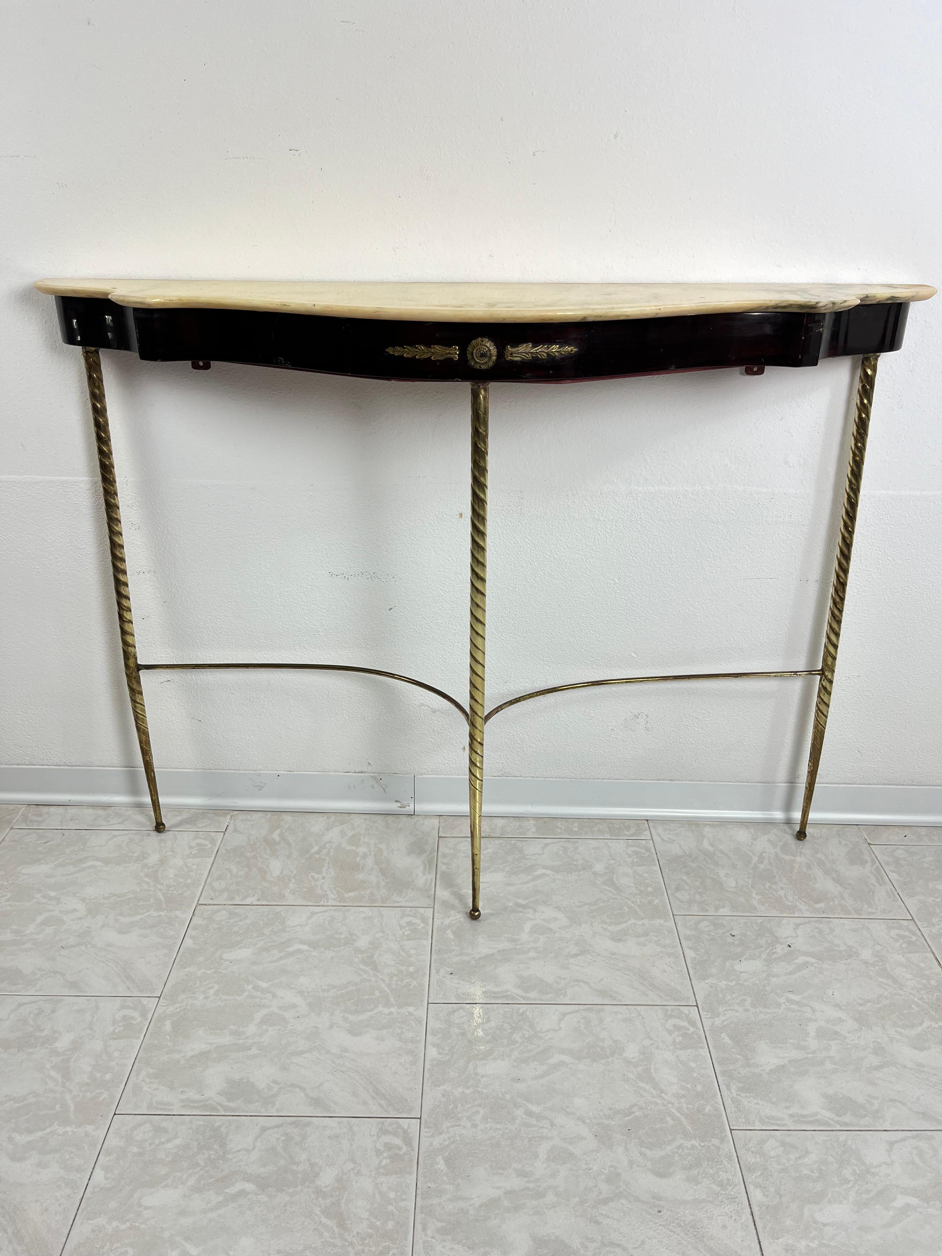Mid-20th Century Mid-Century Wood Brass And Marble Top Console Attributed To Paolo Buffa 1950s For Sale