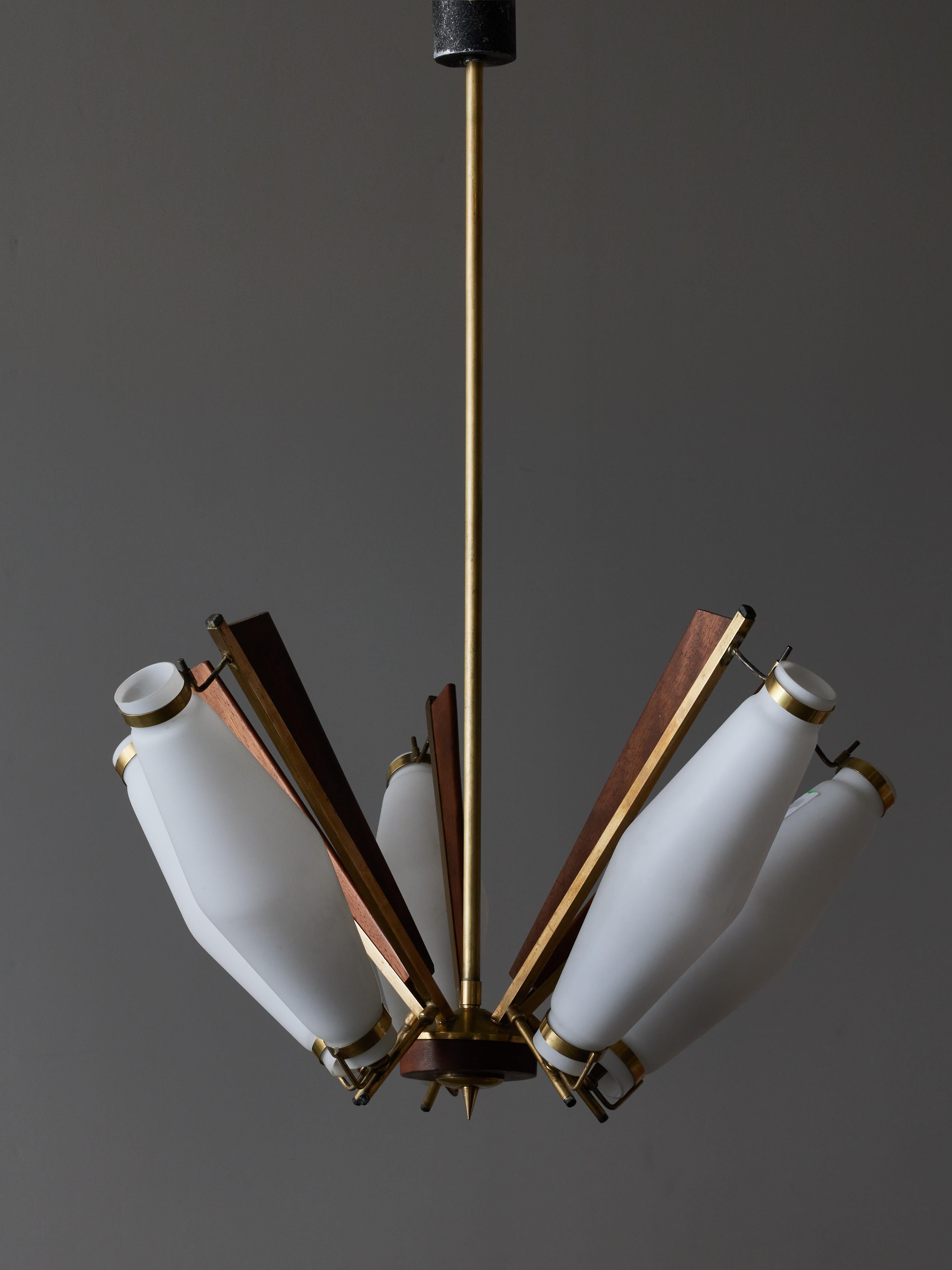 Charming small mid century chandelier made of a brass structure with decorative stained wood panels and five opaline glass shades diffusing the light.

