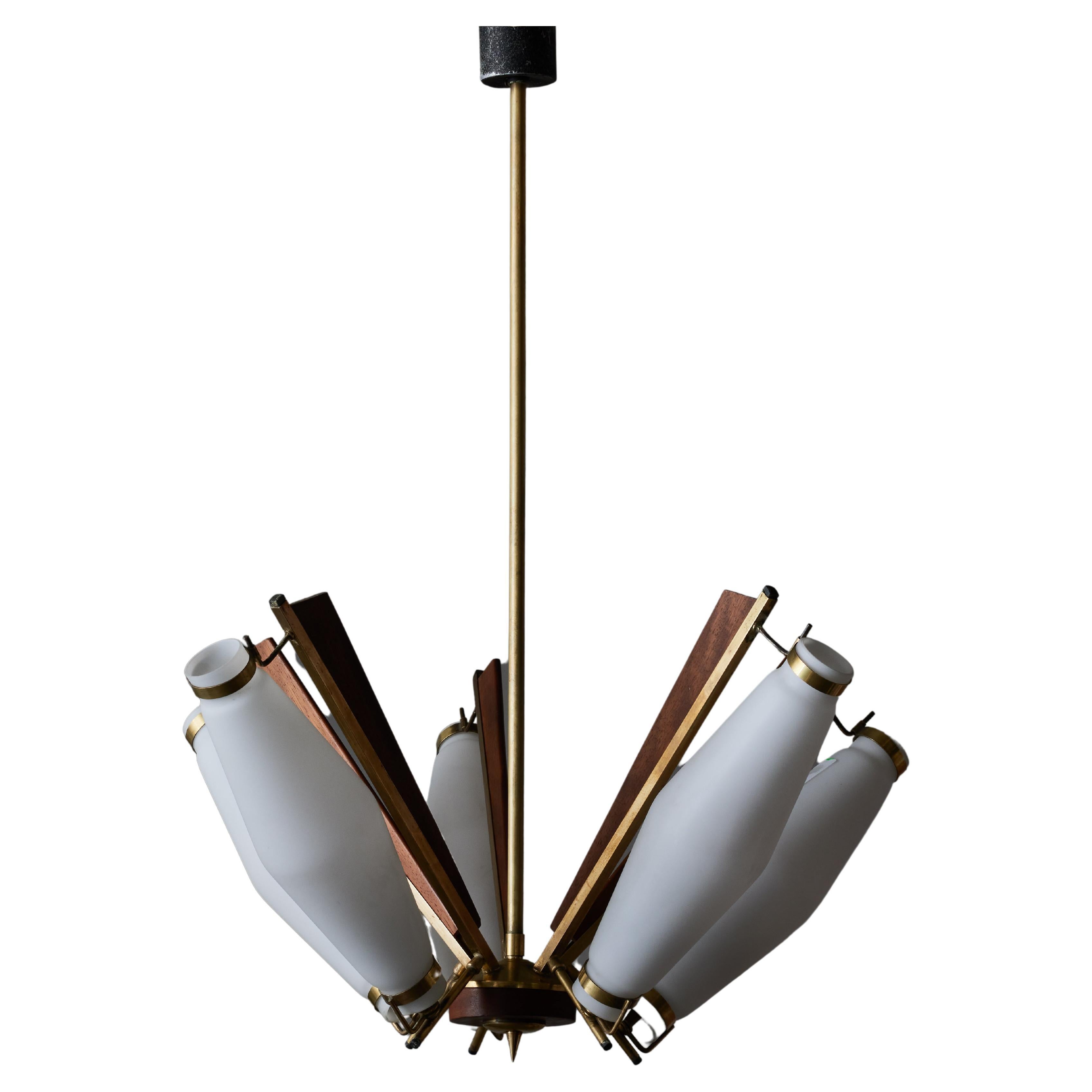 Mid Century Wood, Brass and Opaline Chandelier For Sale