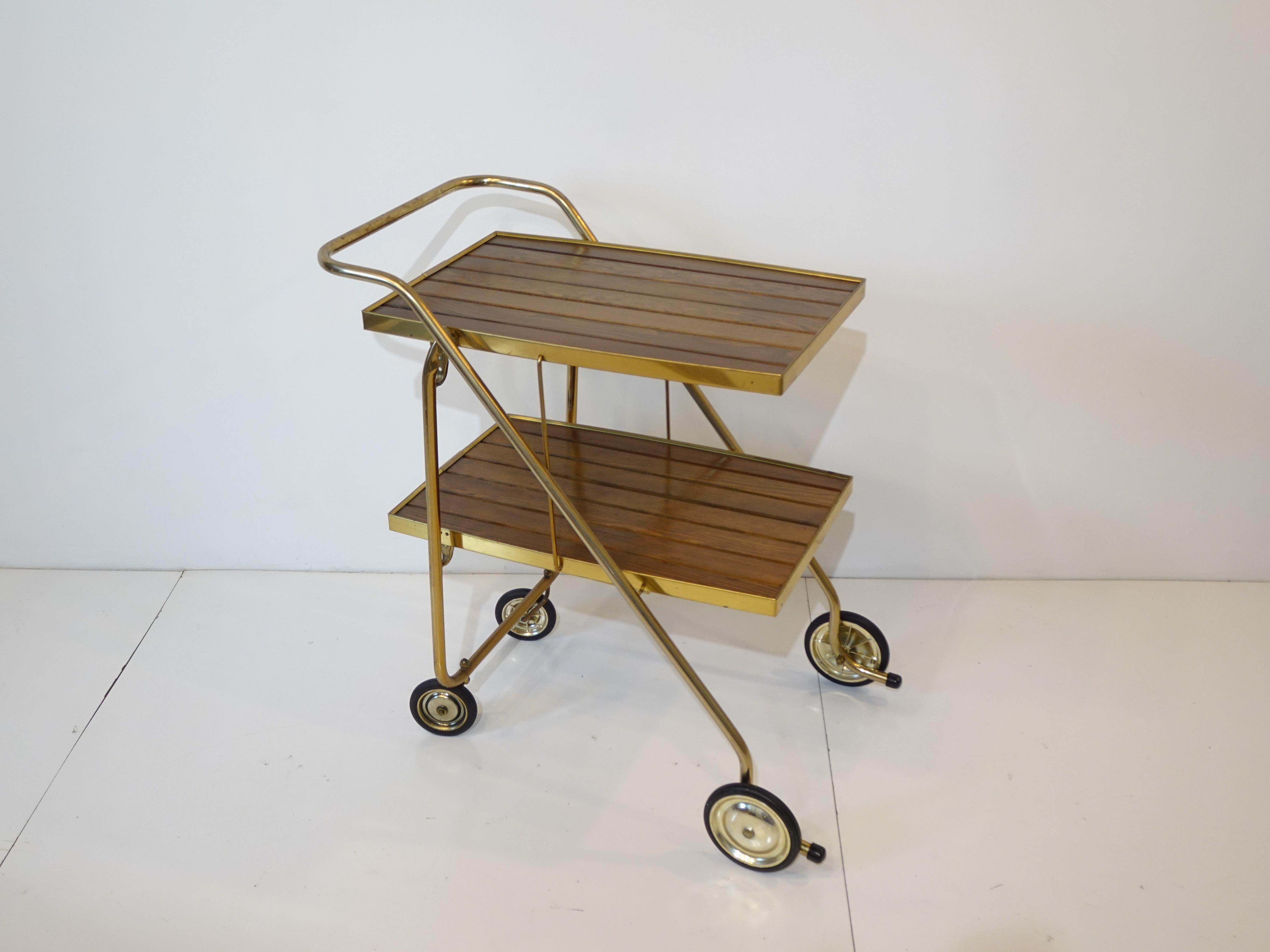 Metal Mid Century Wood / Brass Folding Bar Cart Trolley
