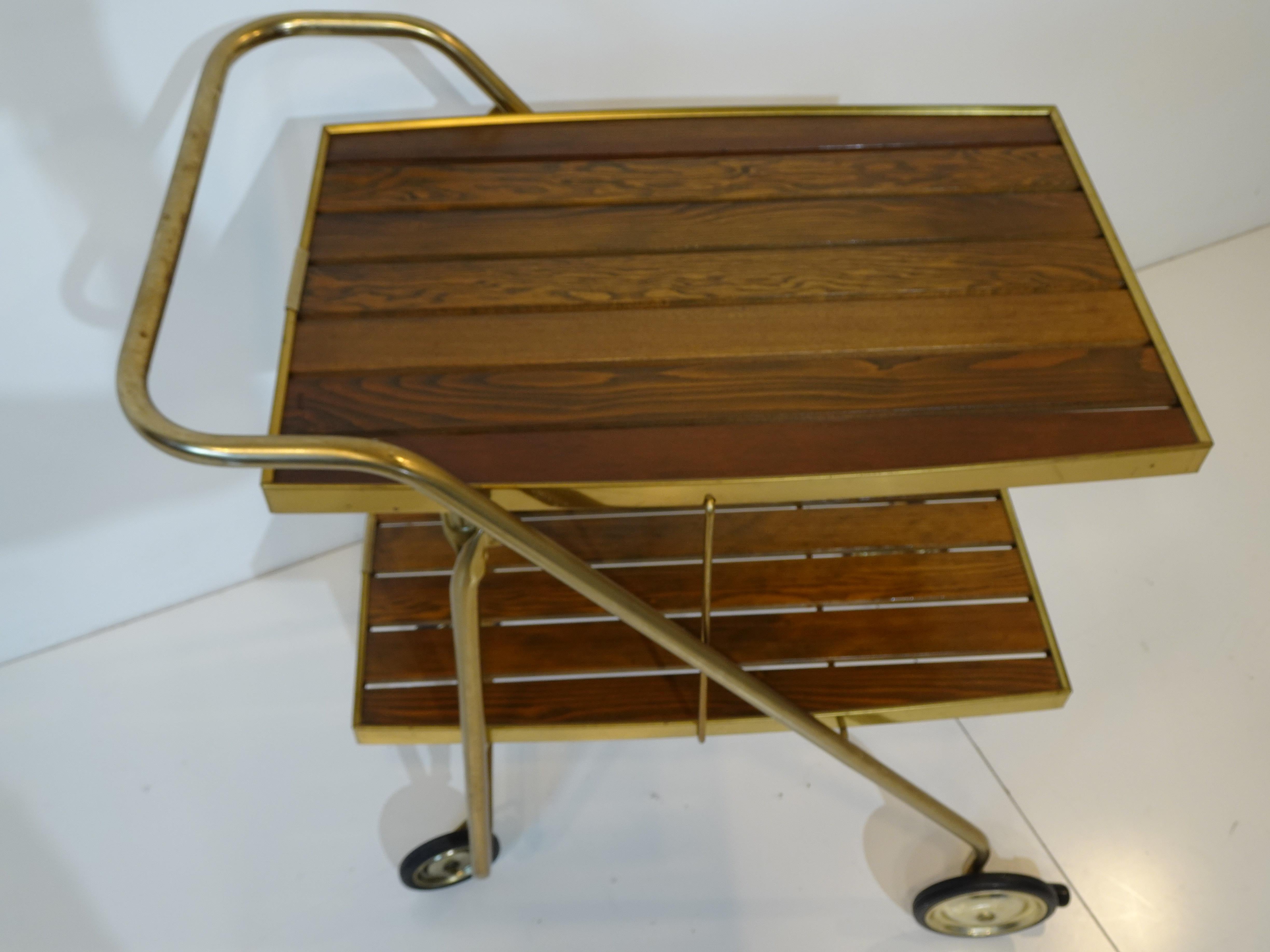 Mid-Century Modern Mid Century Wood / Brass Folding Bar Cart Trolley