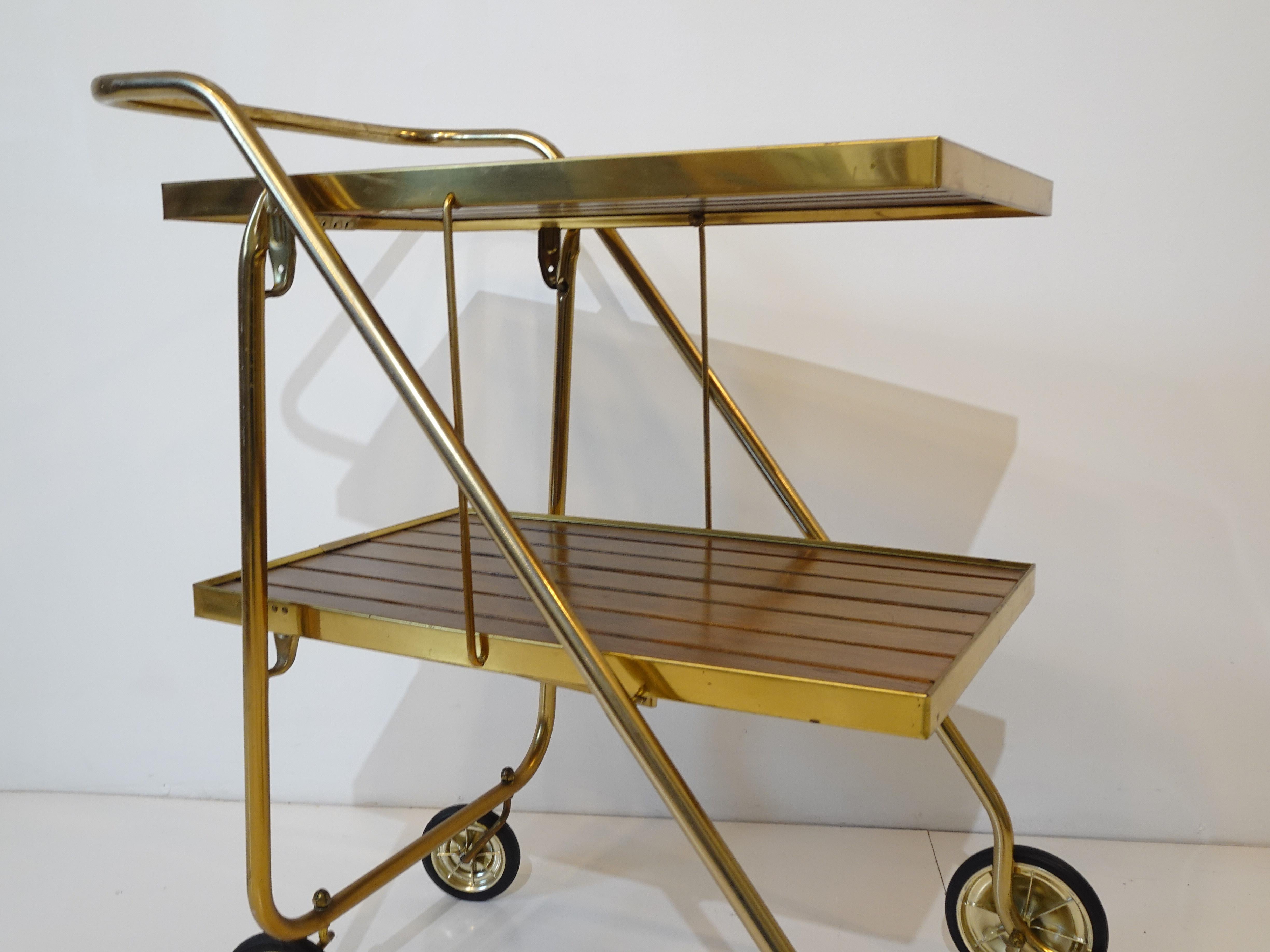 American Mid Century Wood / Brass Folding Bar Cart Trolley