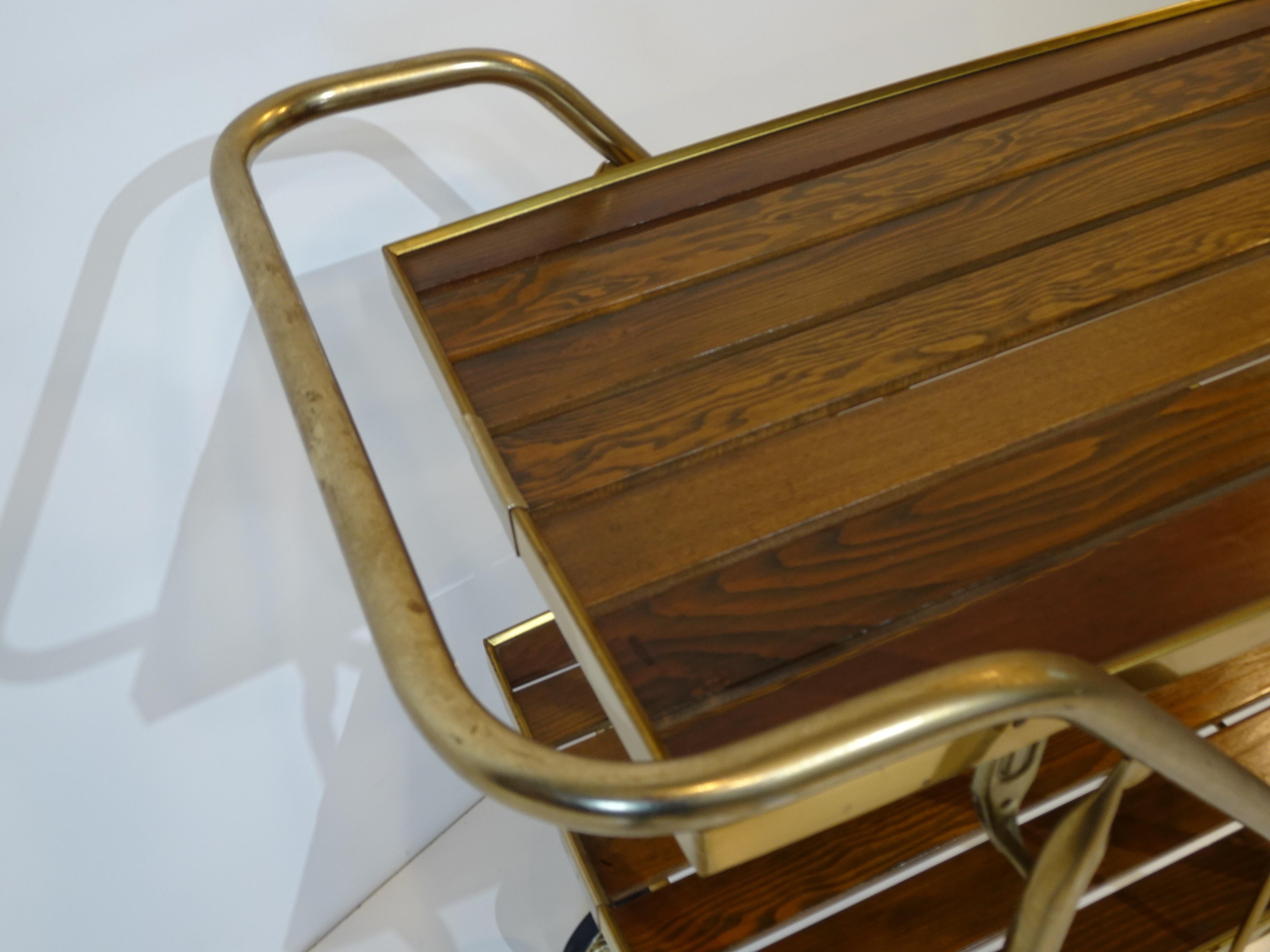 20th Century Mid Century Wood / Brass Folding Bar Cart Trolley