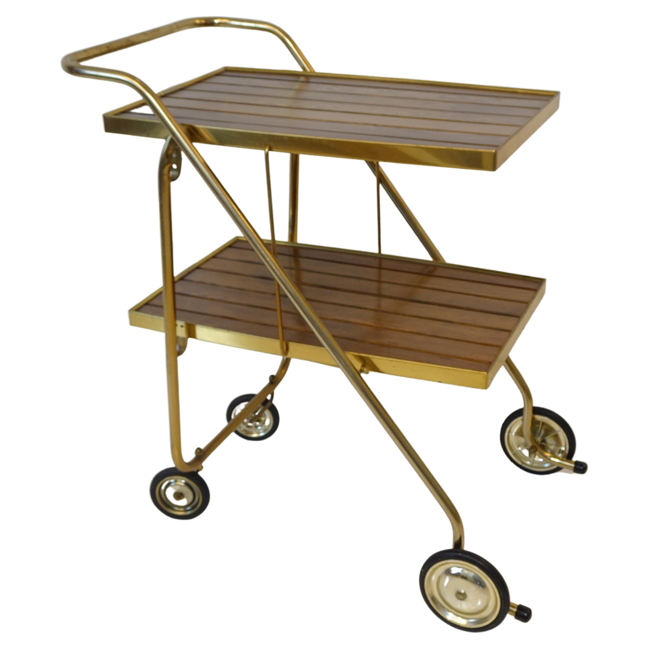 Mid Century Wood / Brass Folding Bar Cart Trolley