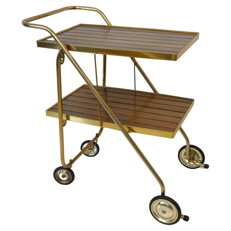 Mid Century Wood / Brass Folding Bar Cart Trolley For Sale at 1stDibs | mid  century bar cart, vintage folding bar cart