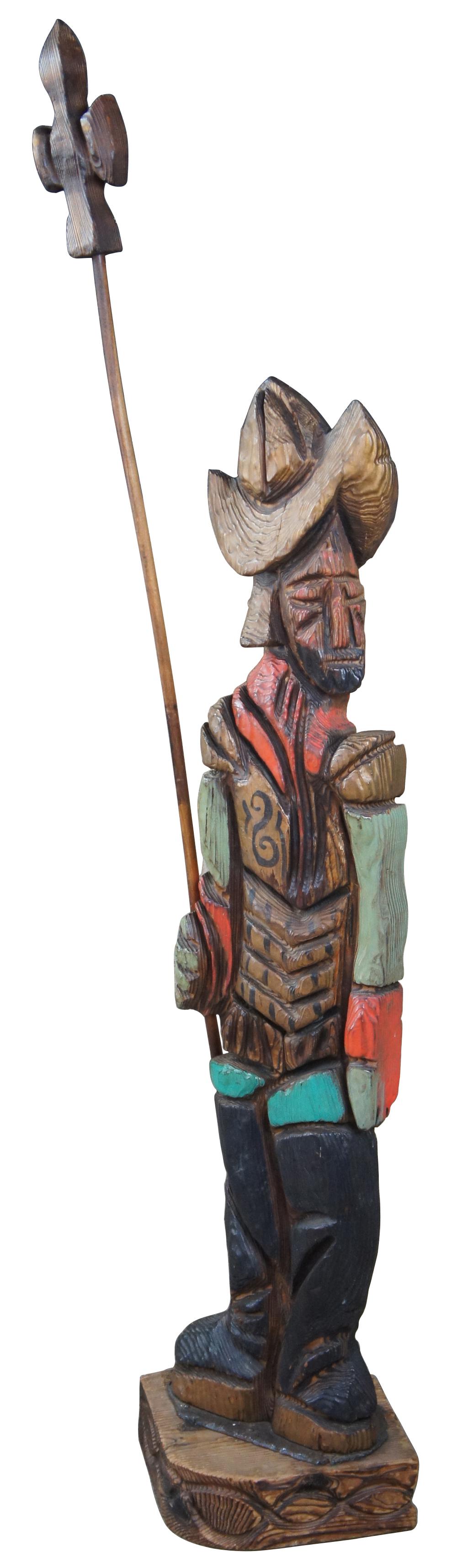 Vintage life size mid century modern Witco Folk Art wood carving of Don Quixote. Carved of solid wood with vibrant hand painted details.

Don Quixote is a middle-aged gentleman from the Spanish region of La Mancha in central Spain. Obsessed with the