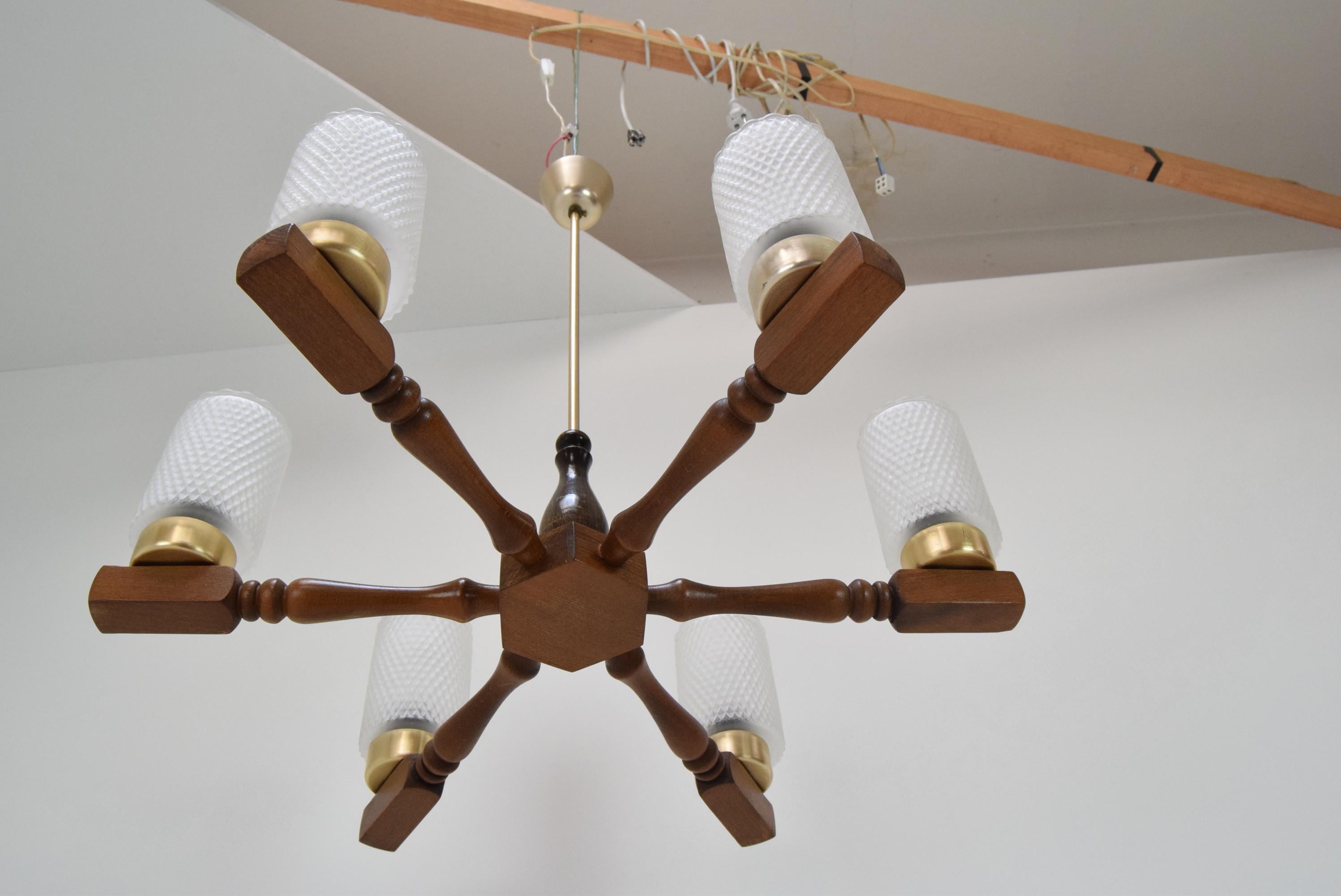 Glass Midcentury Wood Chandelier by Inva Litomerice, 1970s For Sale