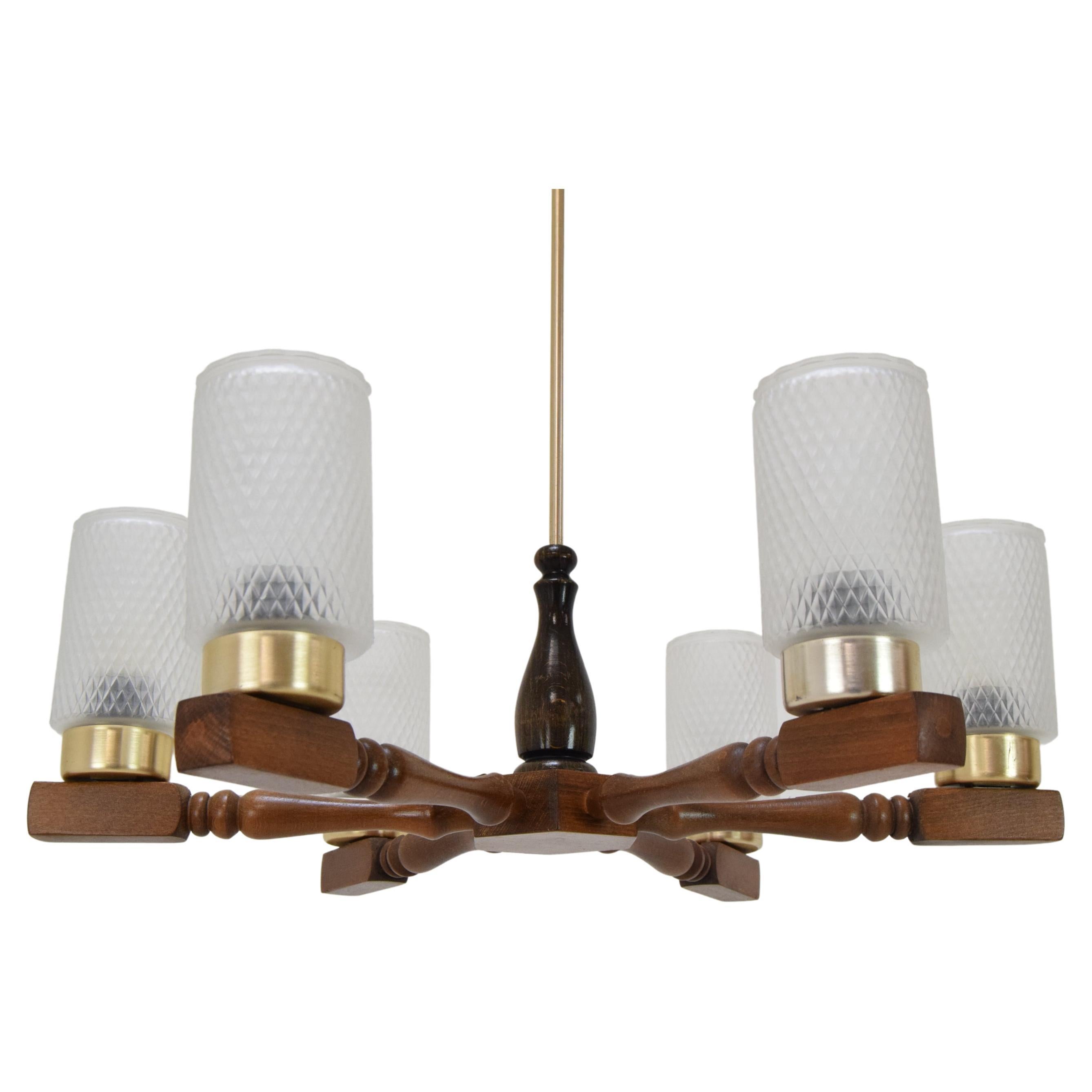 Midcentury Wood Chandelier by Inva Litomerice, 1970s For Sale