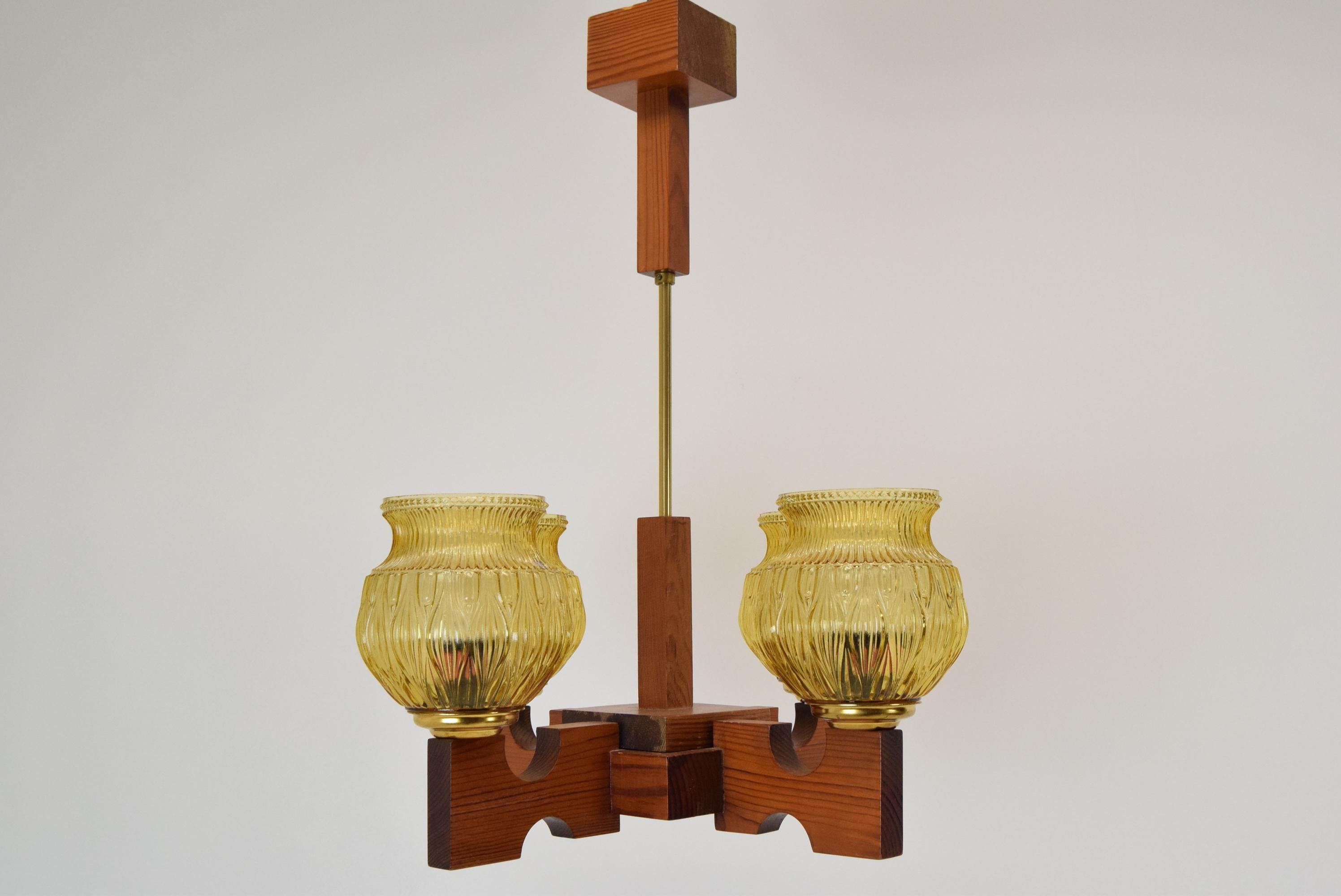 Made in Czechoslovakia
Made of Glass,Wood
Re-polished 
Fully Functional
4xE27 or E26 bulb
US wiring compatible.