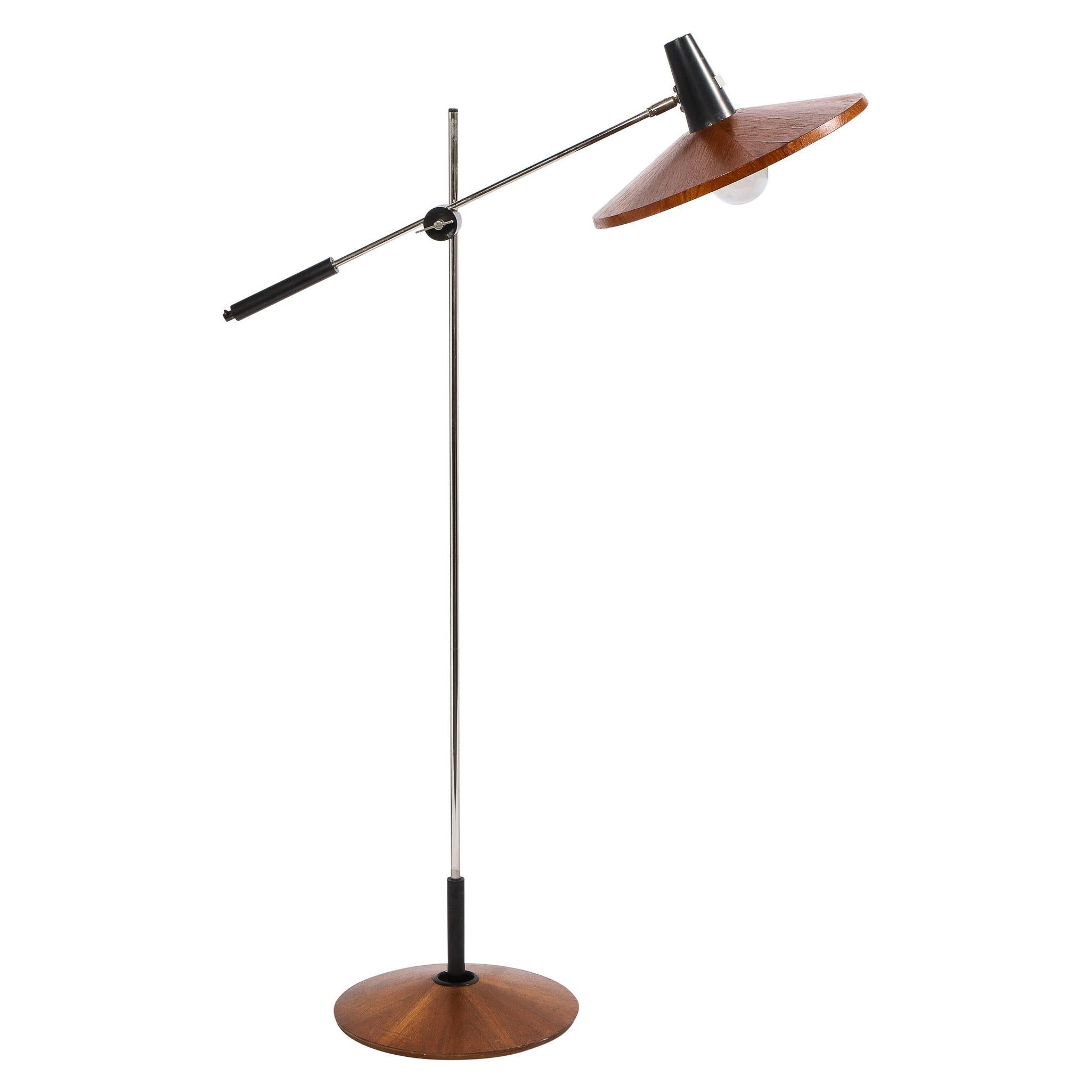 Mid Century Wood & Chrome Floor Lamp by Georges Frydman for Temde Leuchten