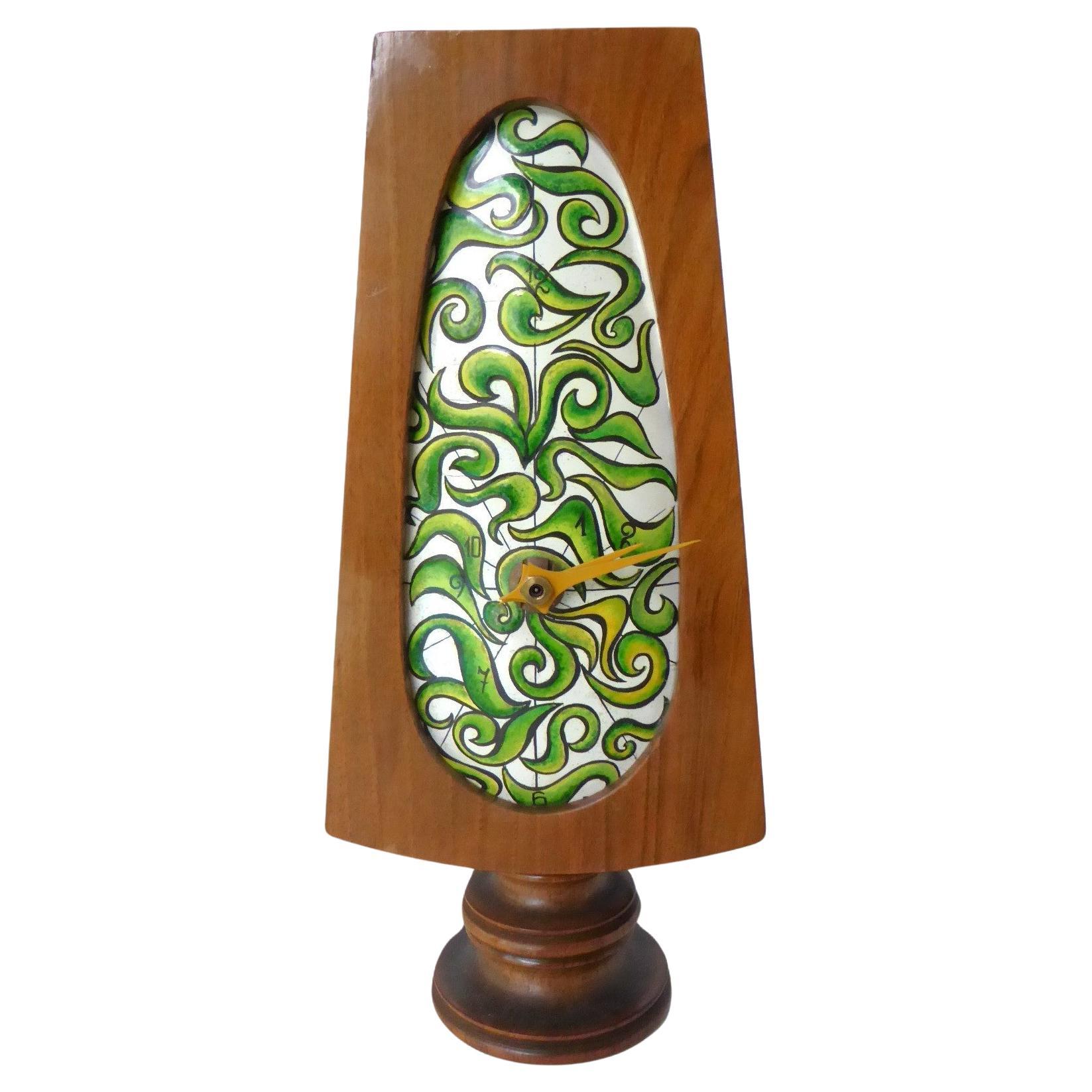 Mid Century Wood & Copper Enamel Table / Mantel / Desk Clock Spain 1950s