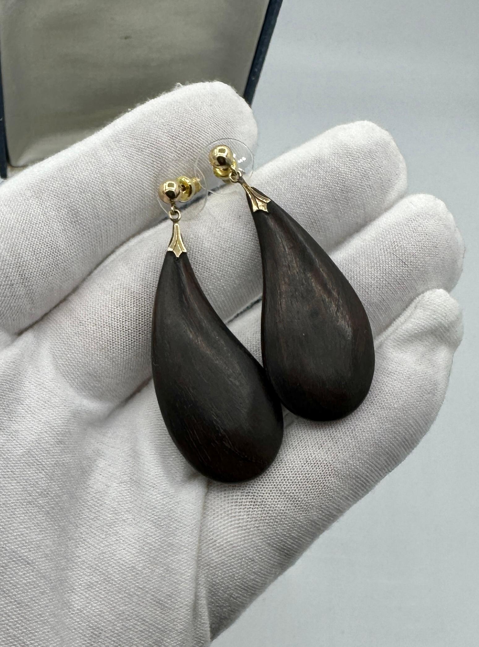Orecchini in legno di metà secolo, oro 14 carati, 2,25 pollici, moderni, in legno, modernisti e retrò in vendita 3
