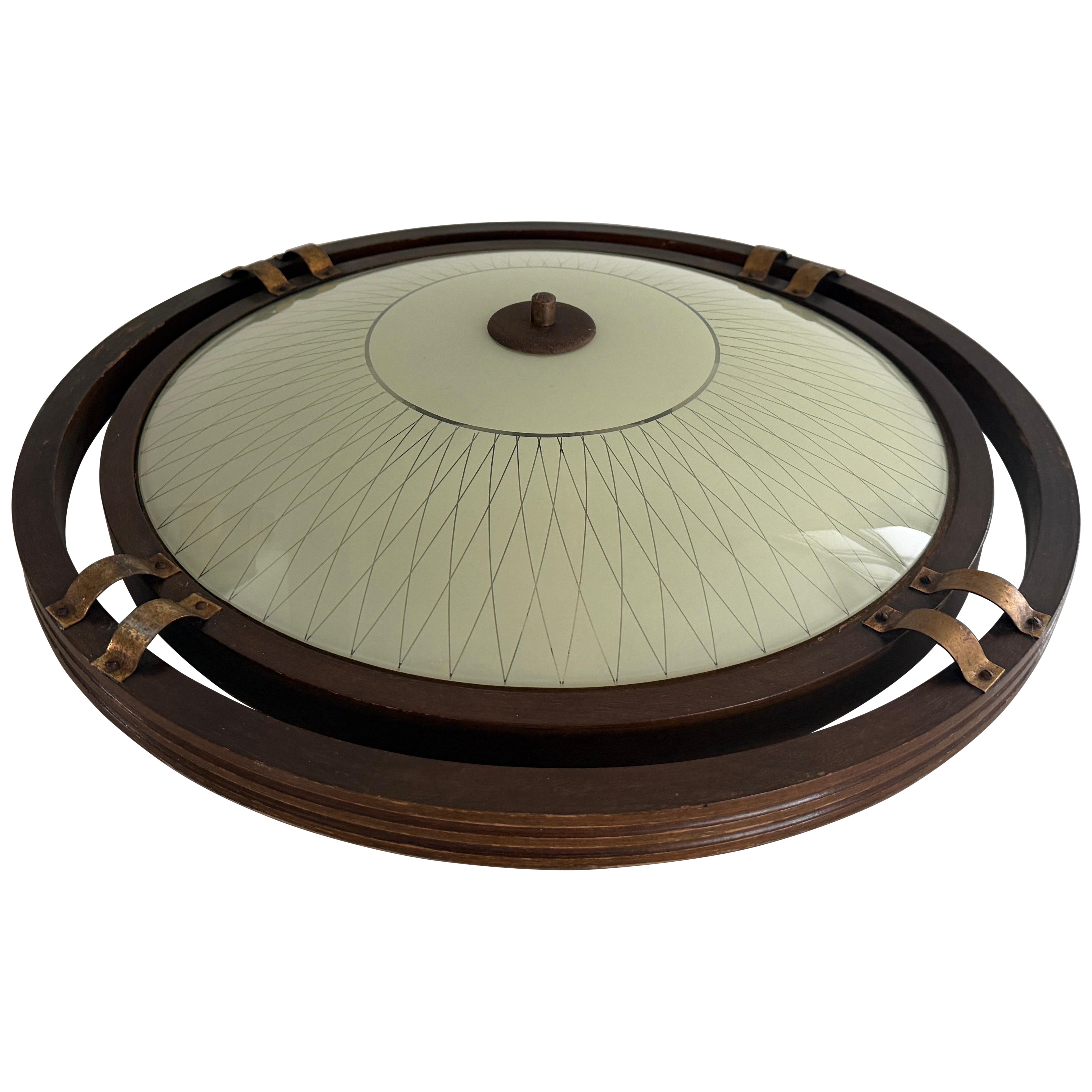 Mid-Century Wood Frame and Glass Flush Mount Ceiling Lamp, 1950s, Germany
