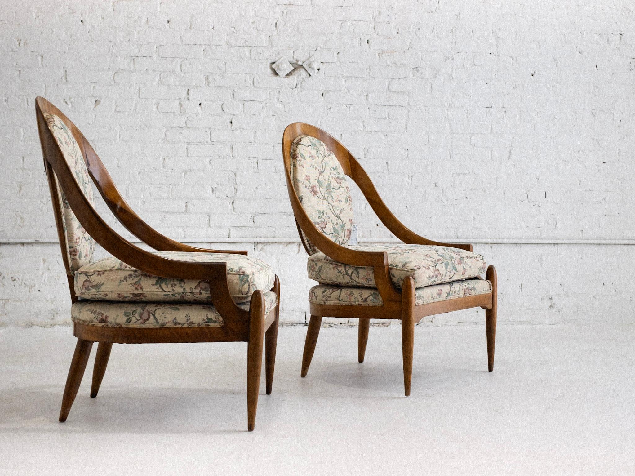 Biedermeier Mid Century Wood Framed Spoon Back Lounge Chairs - a Pair For Sale