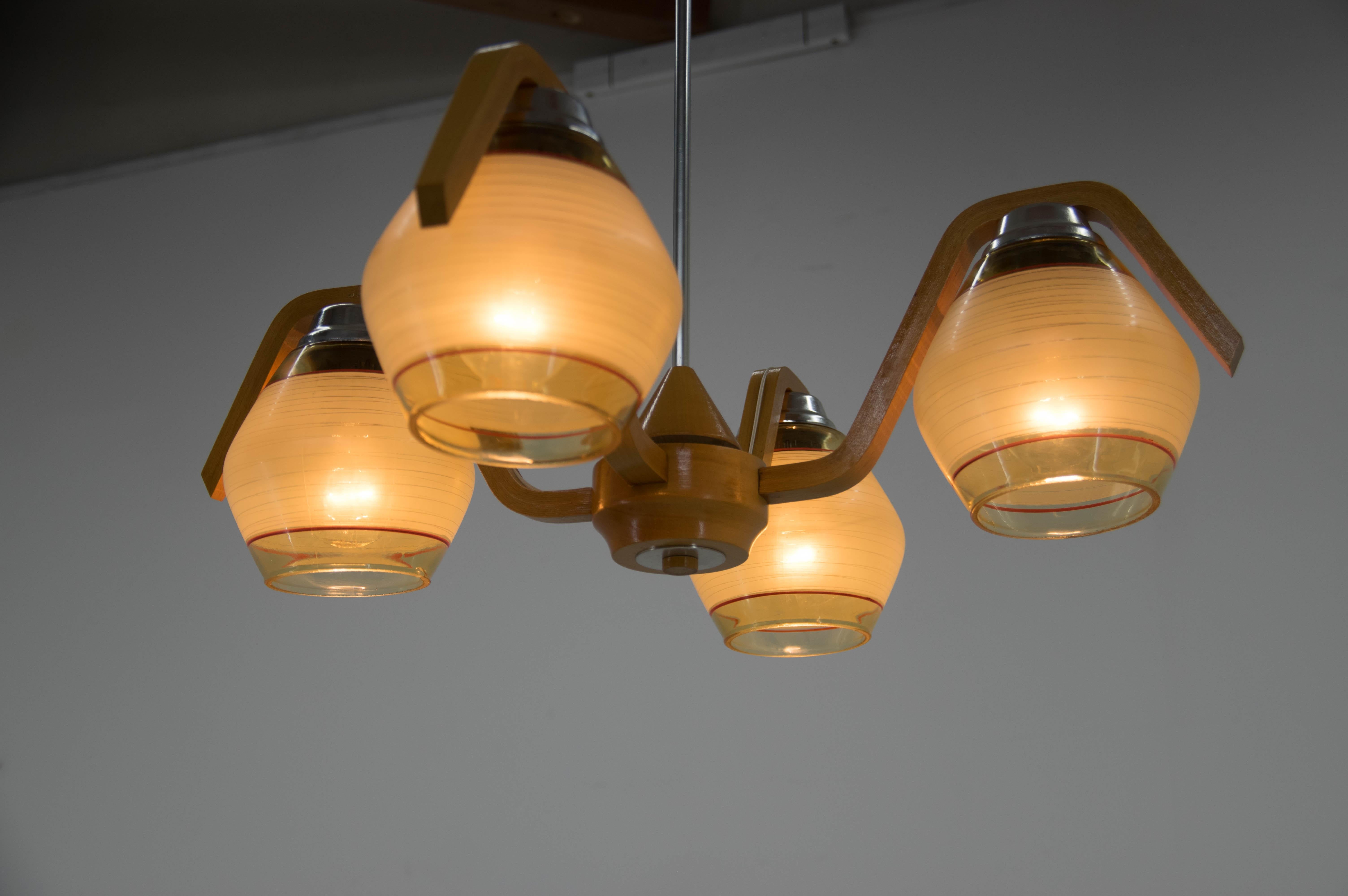 Czech Mid-Century Wood & Glass Chandelier by Dřevo Humpolec, 1960s