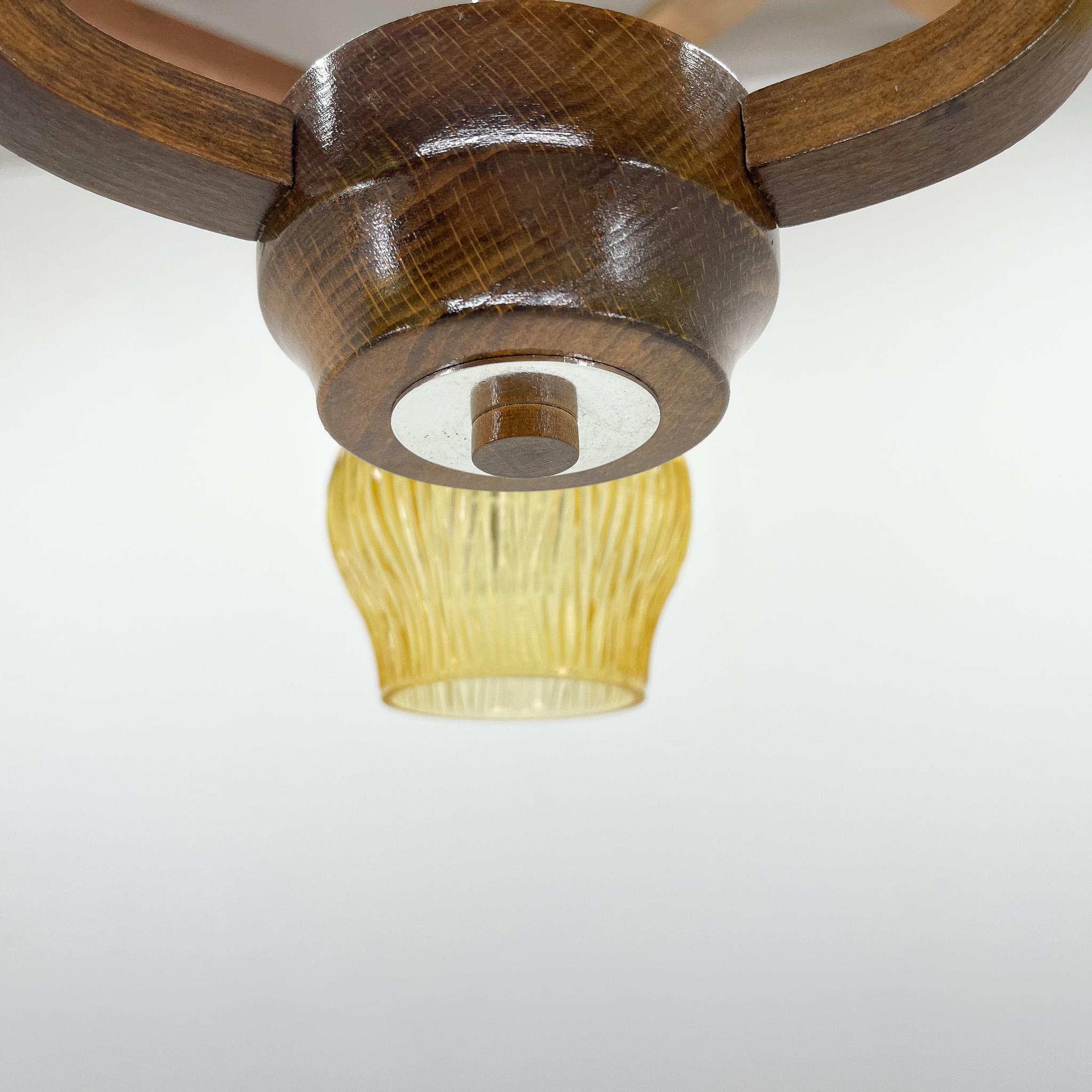 Mid-Century Wood & Glass Chandelier by Dřevo Humpolec, 1960's In Good Condition For Sale In Praha, CZ