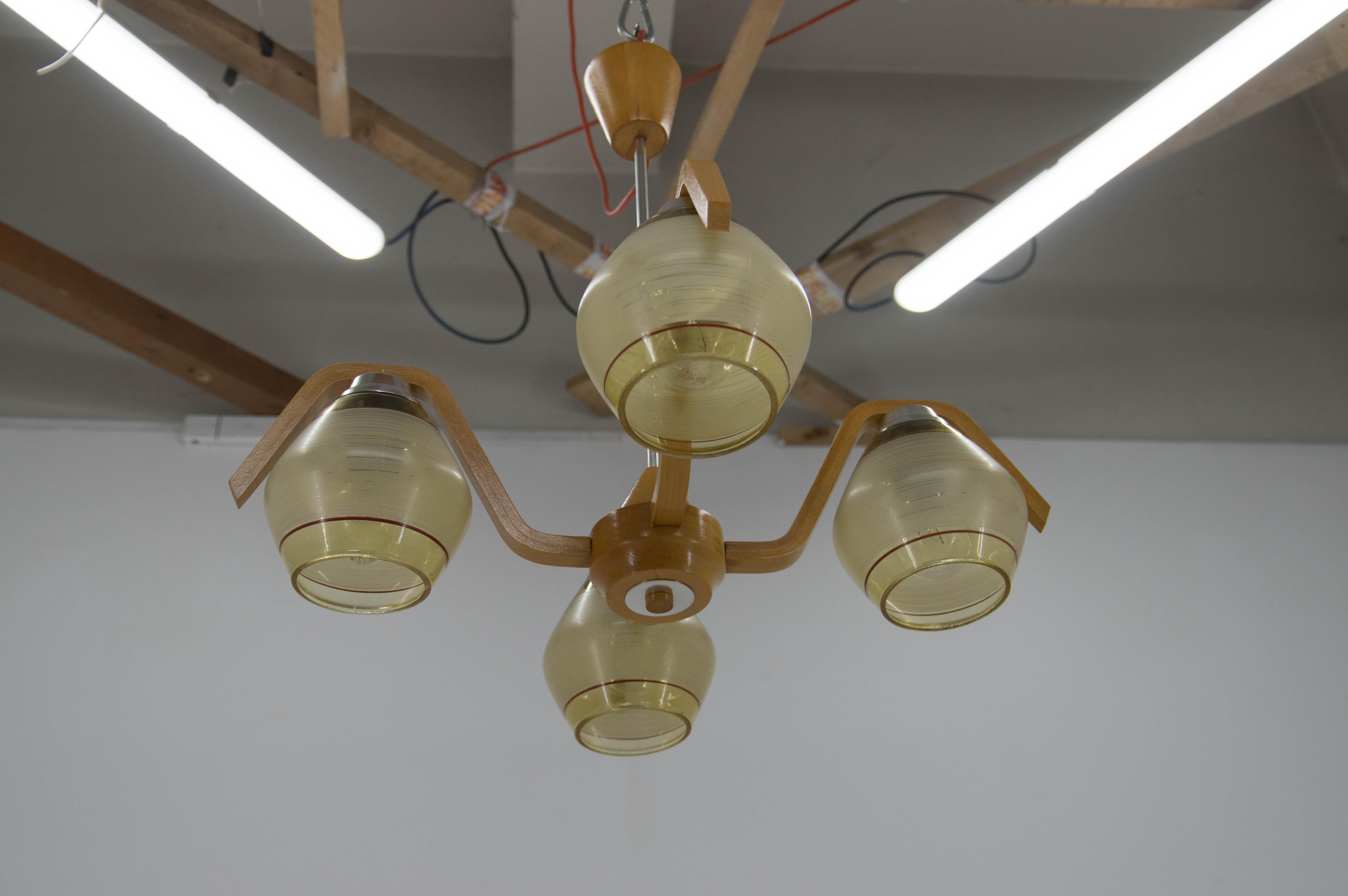 20th Century Mid-Century Wood & Glass Chandelier by Dřevo Humpolec, 1960s