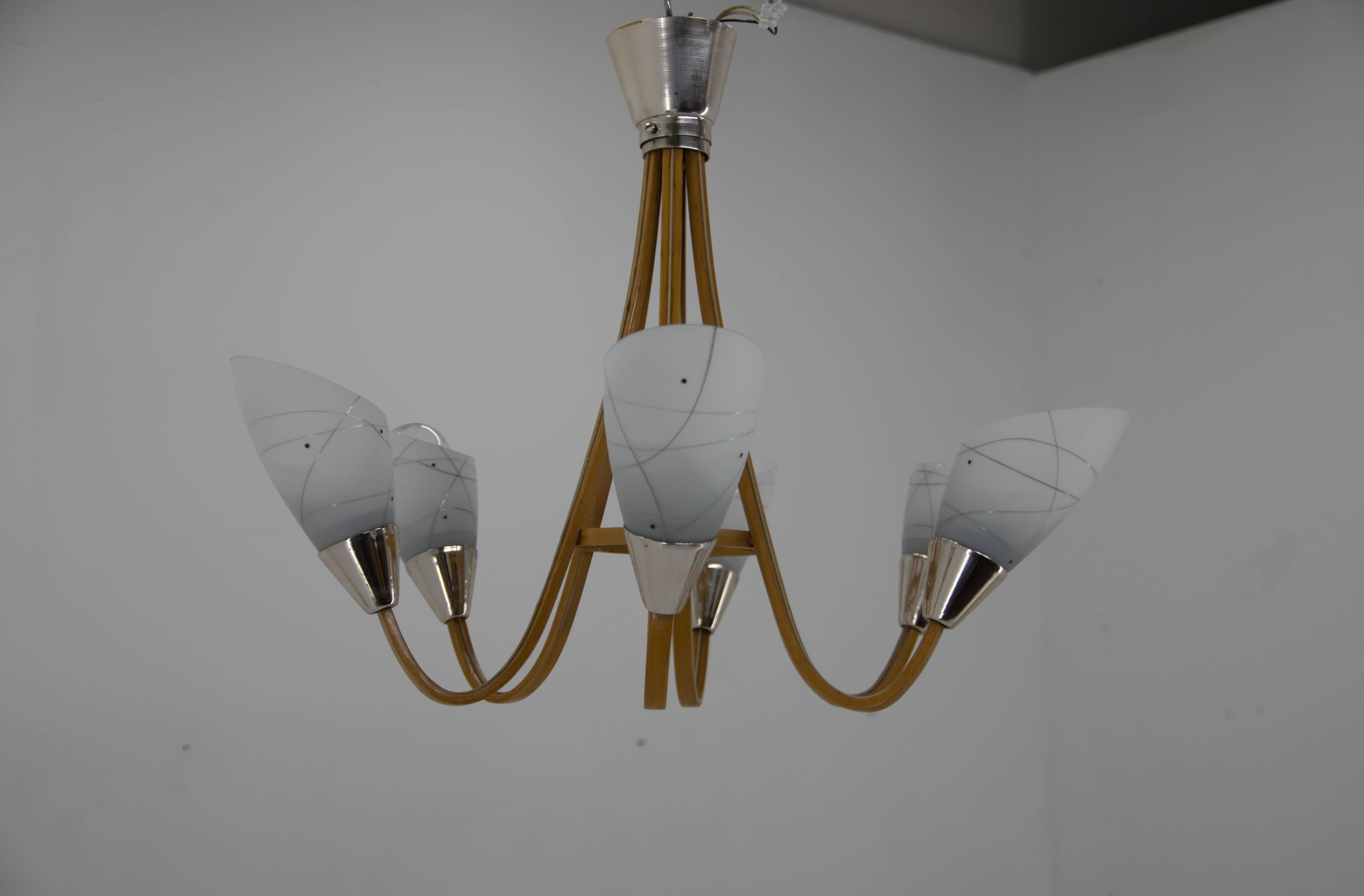 20th Century Midcentury Wood & Glass Chandelier by Dřevo Humpolec, 1960s For Sale