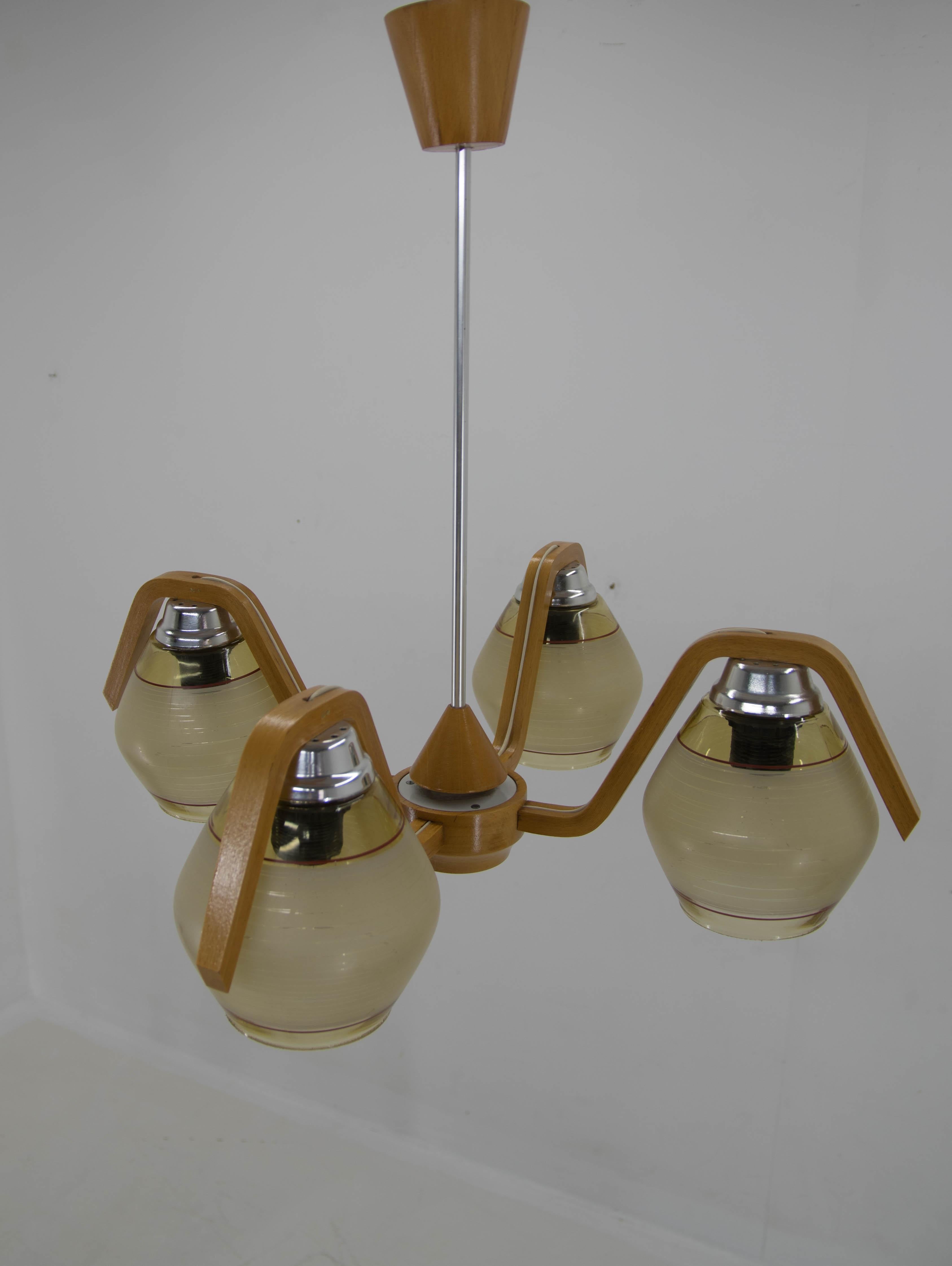 Mid-Century Wood & Glass Chandelier by Dřevo Humpolec, 1960s 1