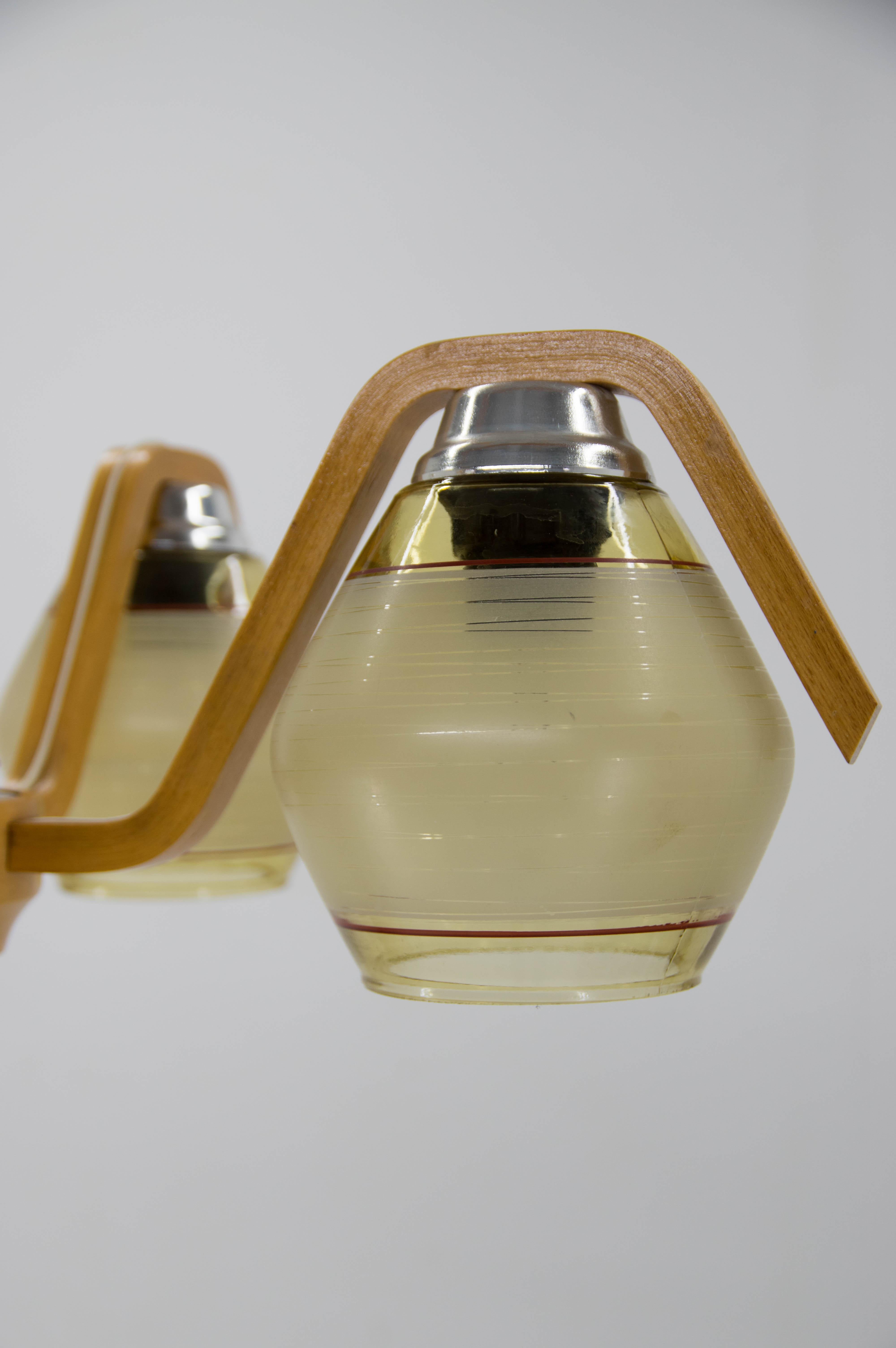 Mid-Century Wood & Glass Chandelier by Dřevo Humpolec, 1960s 2