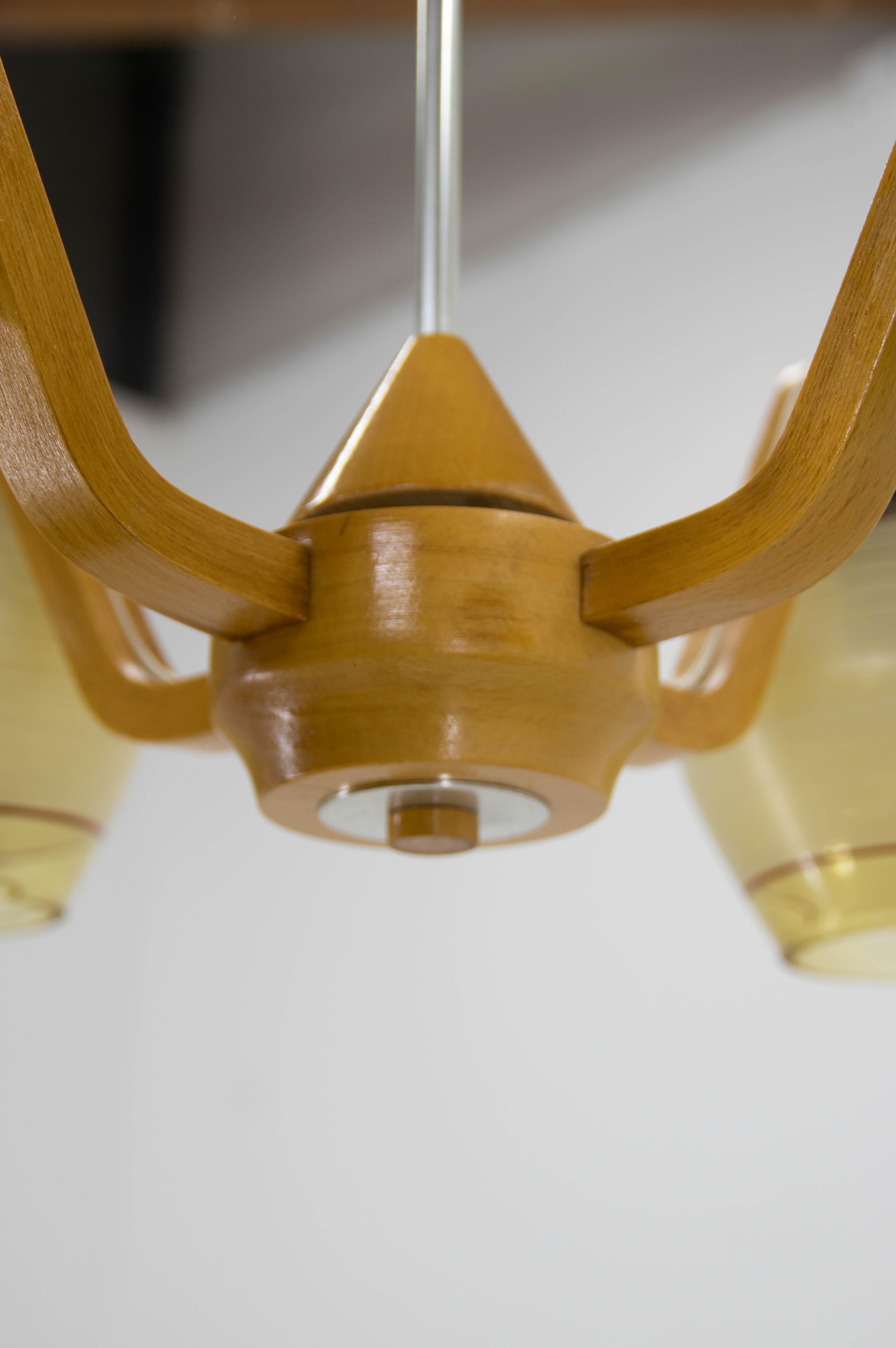 Mid-Century Wood & Glass Chandelier by Dřevo Humpolec, 1960s 3