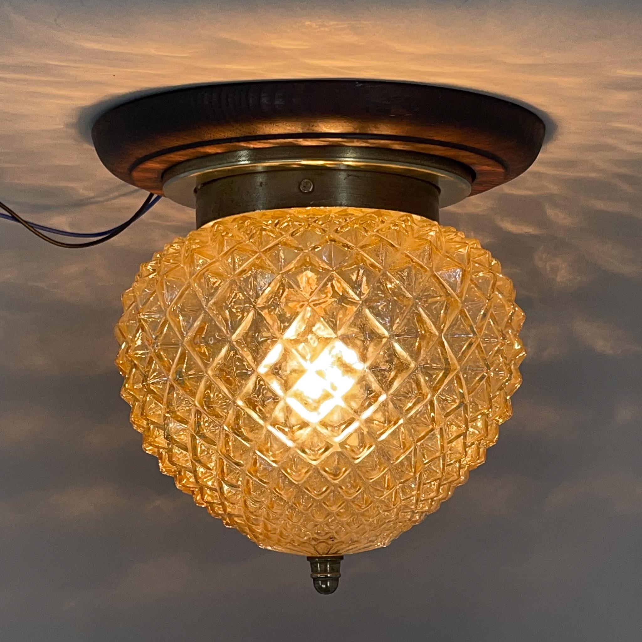 Mid-Century Wood & Glass Flush Mount, 1960's In Good Condition For Sale In Praha, CZ