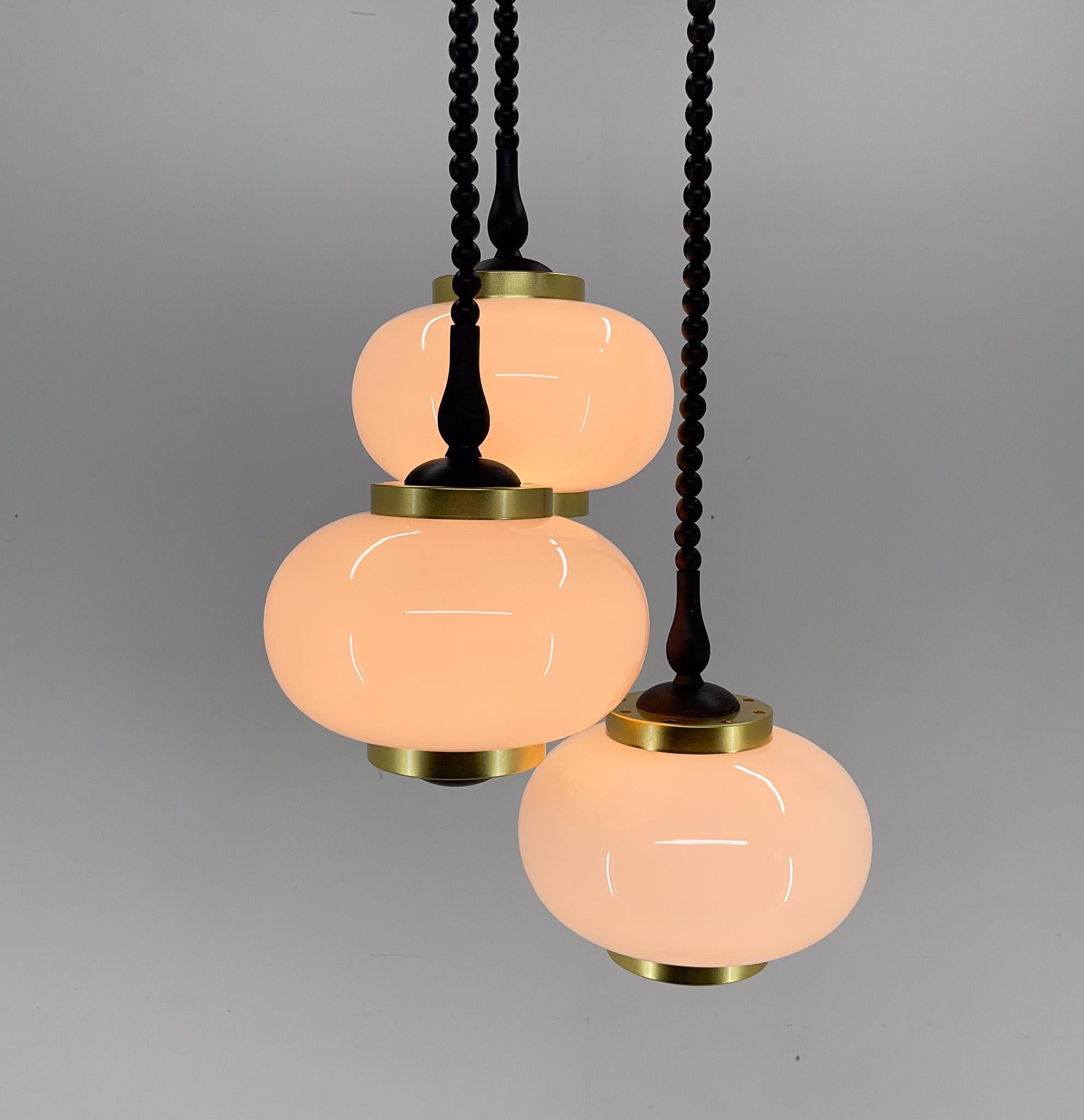 Midcentury Wood, Milk Glass & Brass Cascade Chandelier, Poland For Sale 6