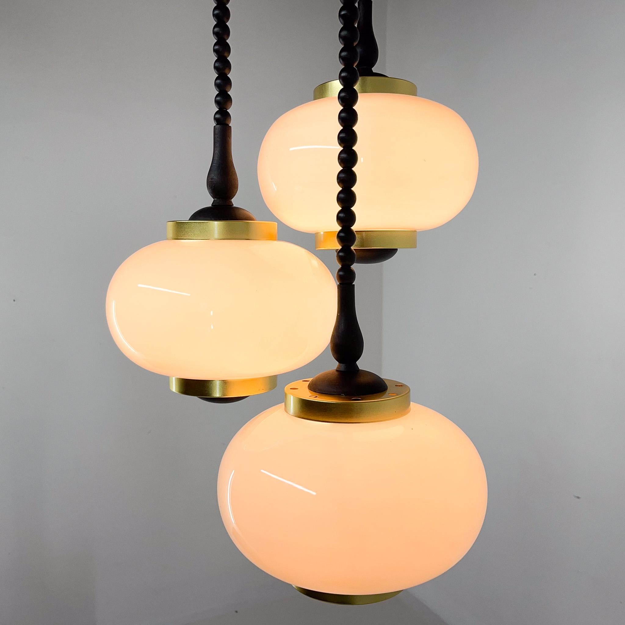 Midcentury Wood, Milk Glass & Brass Cascade Chandelier, Poland For Sale 3