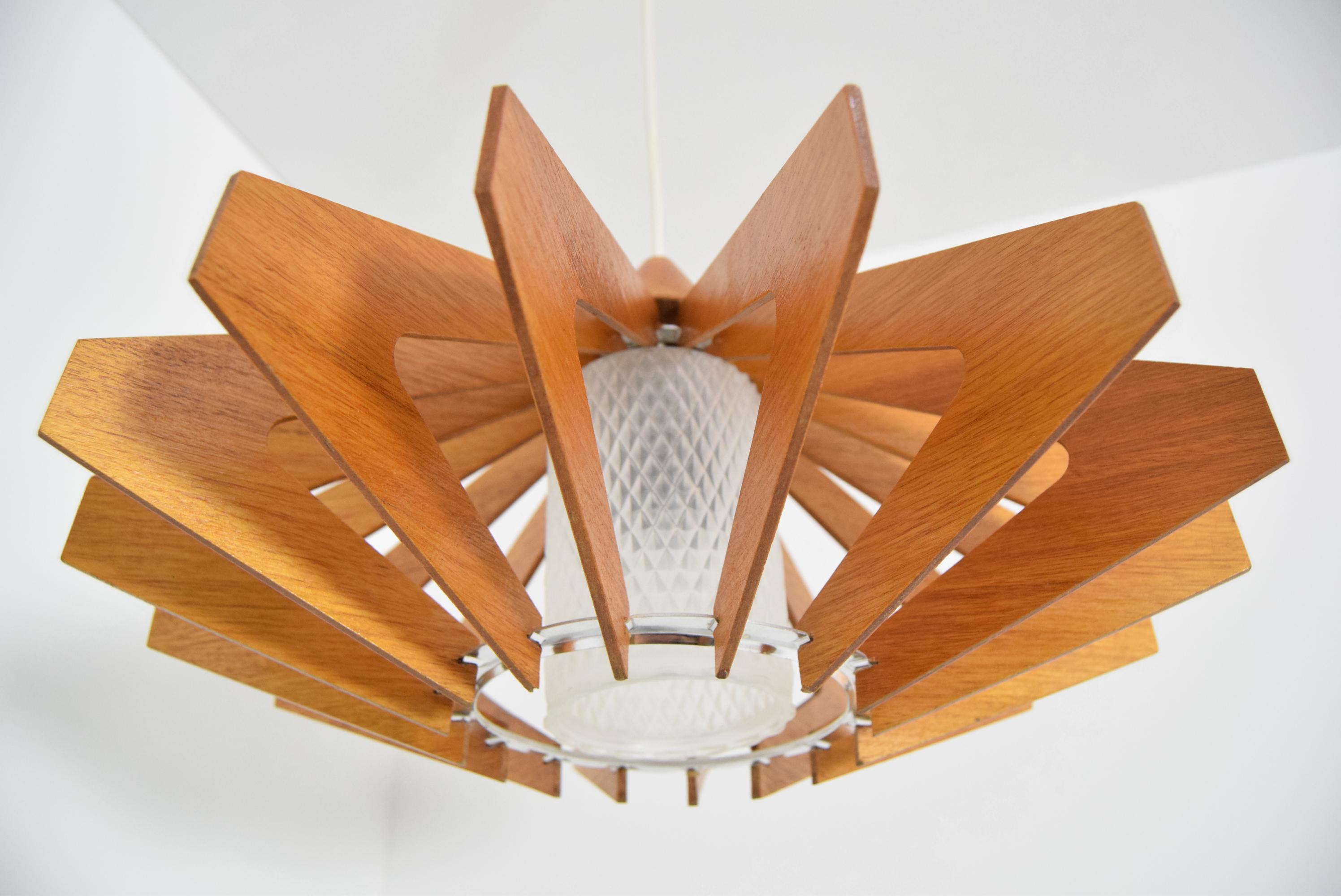 Glass Midcentury Wood Pendant/ Drevo Humpolec, 1970s