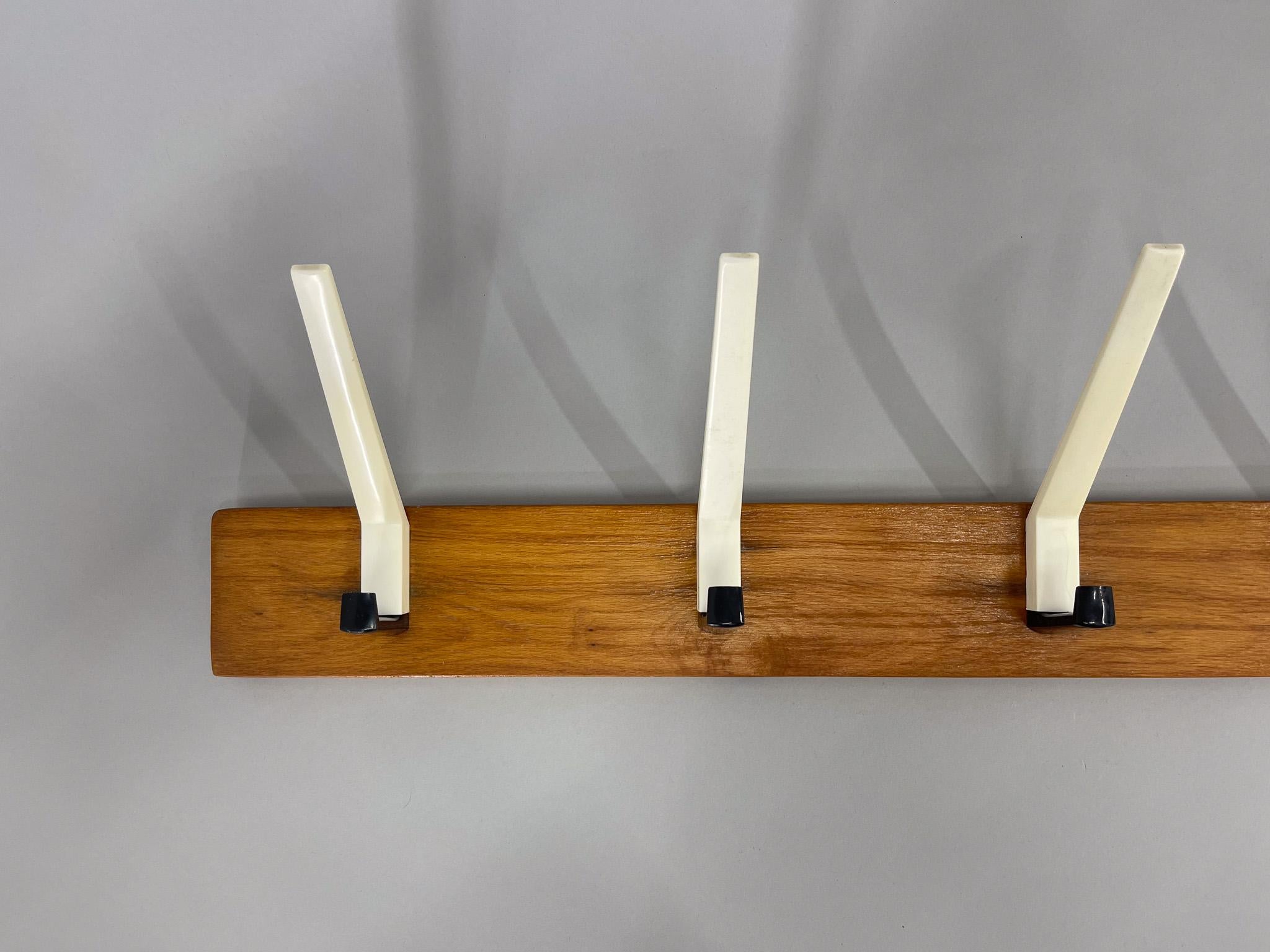 Czech Mid Century Wood & Plastic Wall Coat Rack, 1970s For Sale