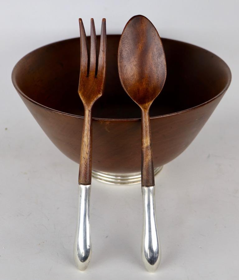Mid Century Wood Salad Bowl on Sterling Base with Serving Spoon and
