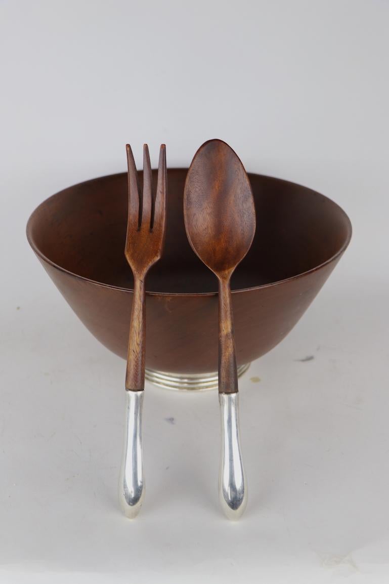 Mid-Century Modern Mid Century Wood Salad Bowl on Sterling Base with Serving Spoon and Fork