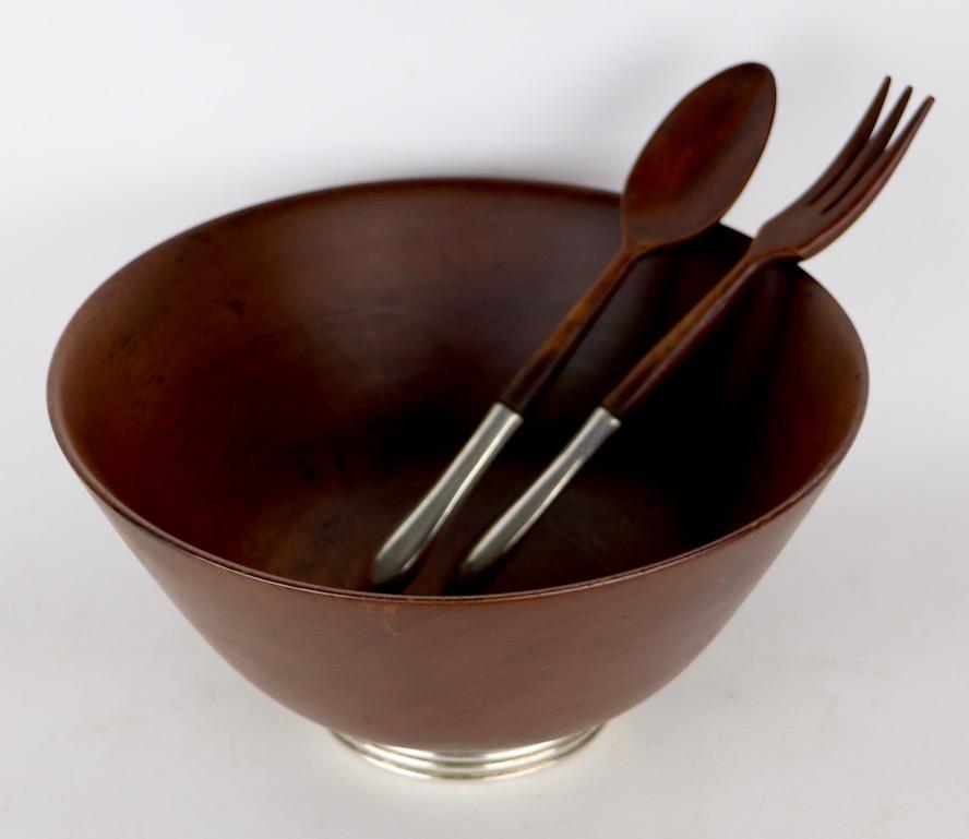 American Mid Century Wood Salad Bowl on Sterling Base with Serving Spoon and Fork