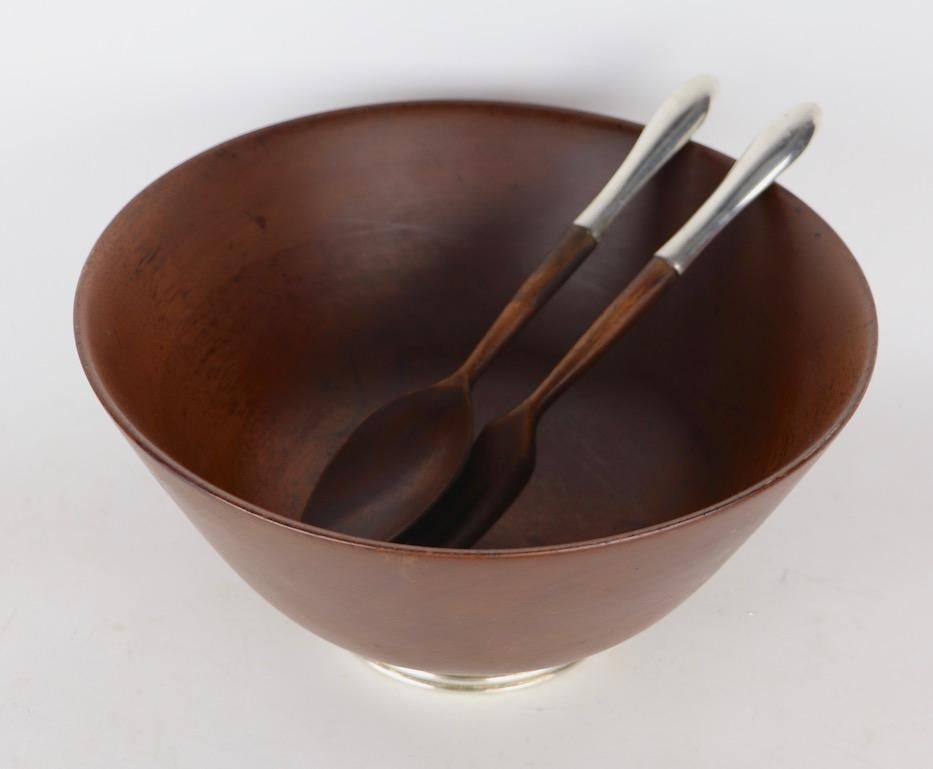 Mid Century Wood Salad Bowl on Sterling Base with Serving Spoon and Fork In Good Condition In New York, NY