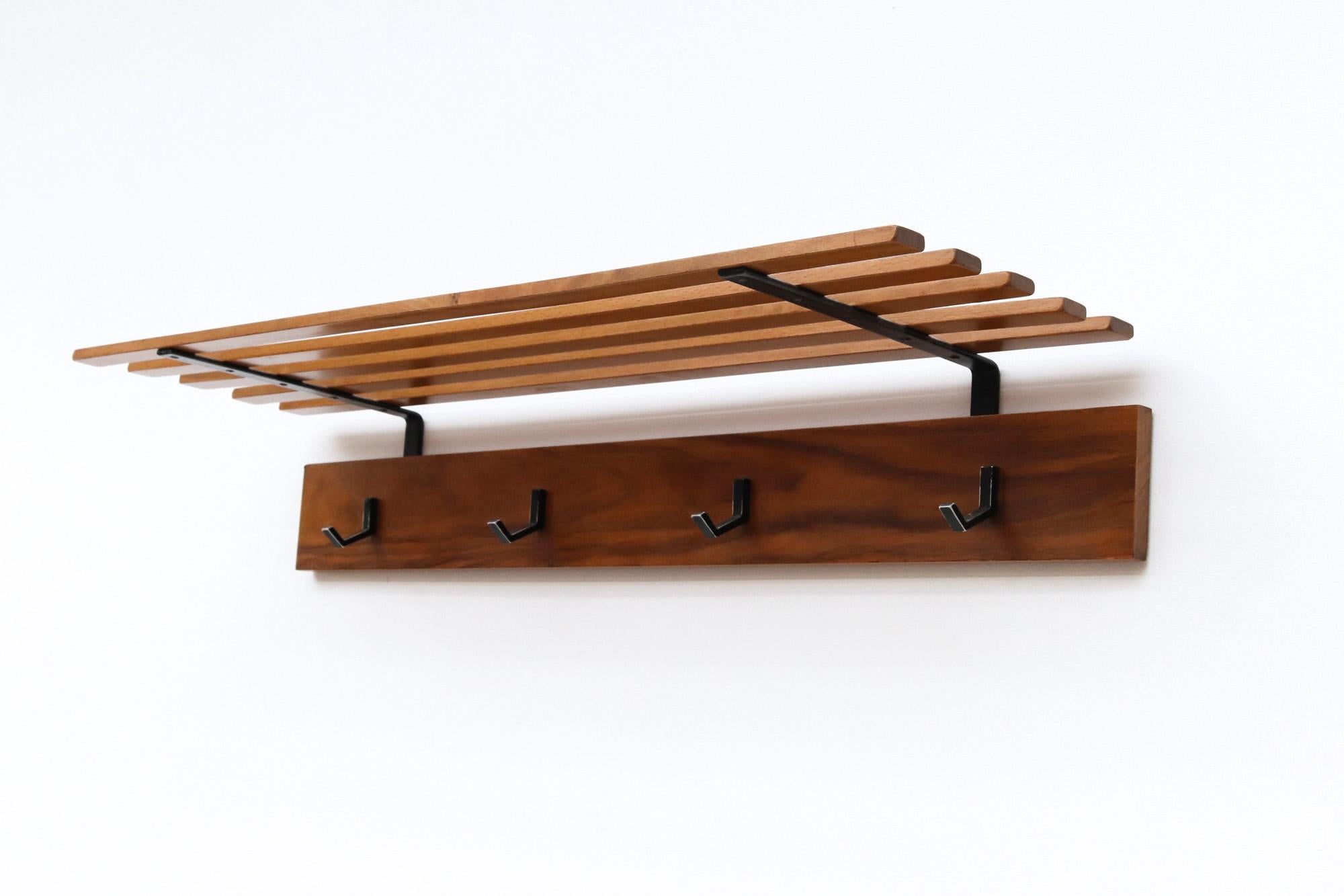 Dutch Mid-Century Wood Slat Wall Mount Coat Rack with Metal Hooks