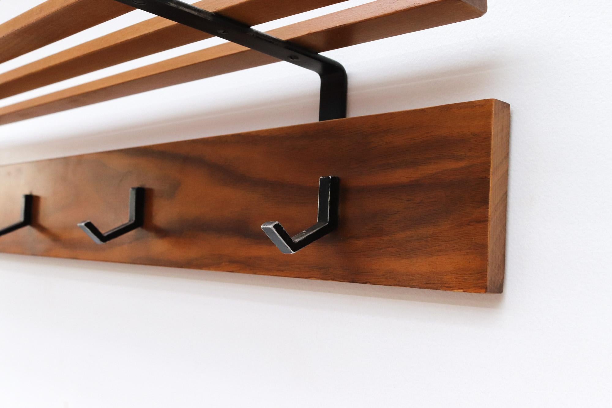 Mid-Century Wood Slat Wall Mount Coat Rack with Metal Hooks In Good Condition In Los Angeles, CA