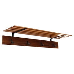 Mid-Century Wood Slat Wall Mount Coat Rack with Metal Hooks