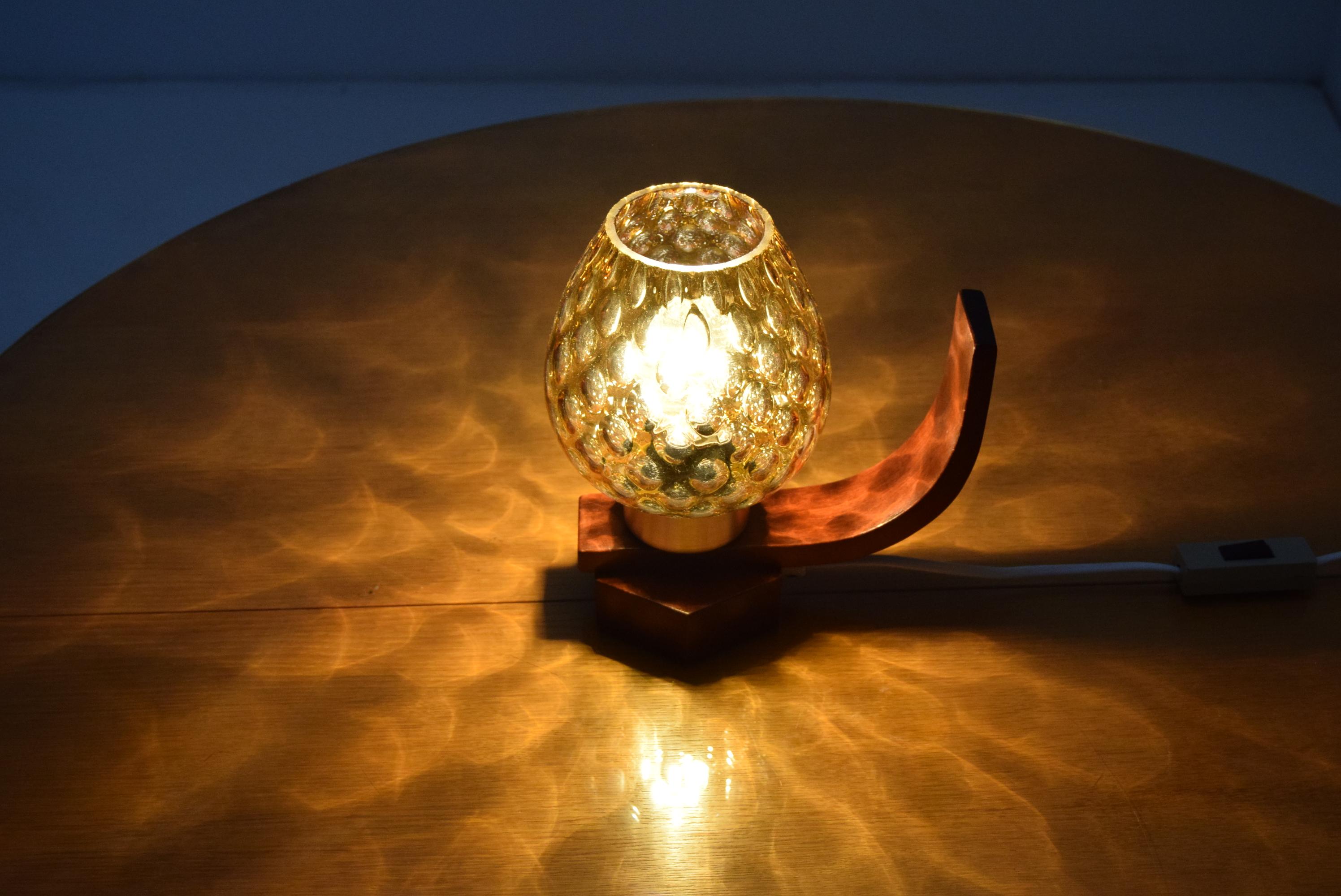 Glass Midcentury Wood Table Lamp/ Drevo Humpolec, 1960s For Sale