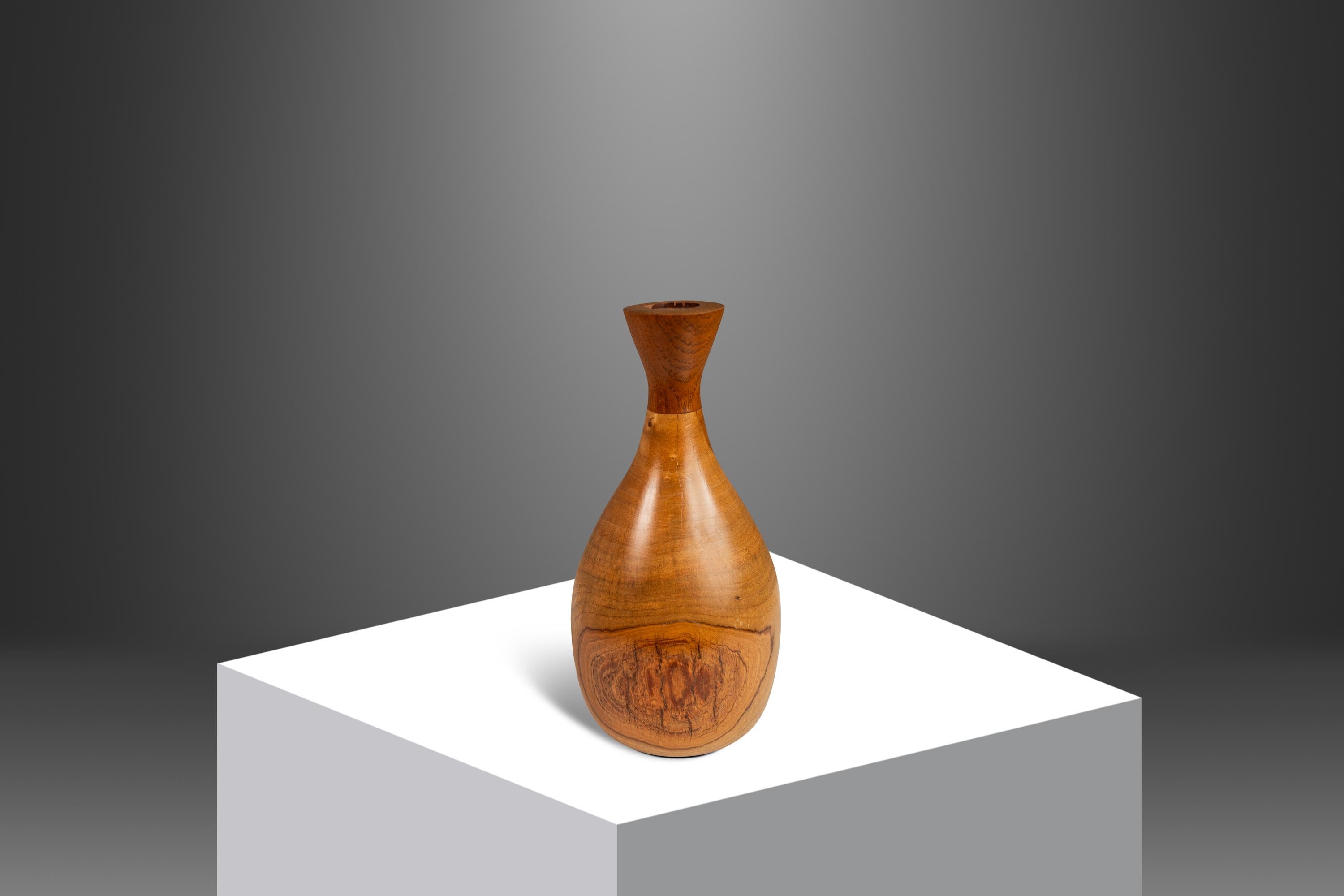 American Mid-Century Wood-Turned Hand Sculpted Vase in Solid Teak & Burlwood, USA, 1970's For Sale