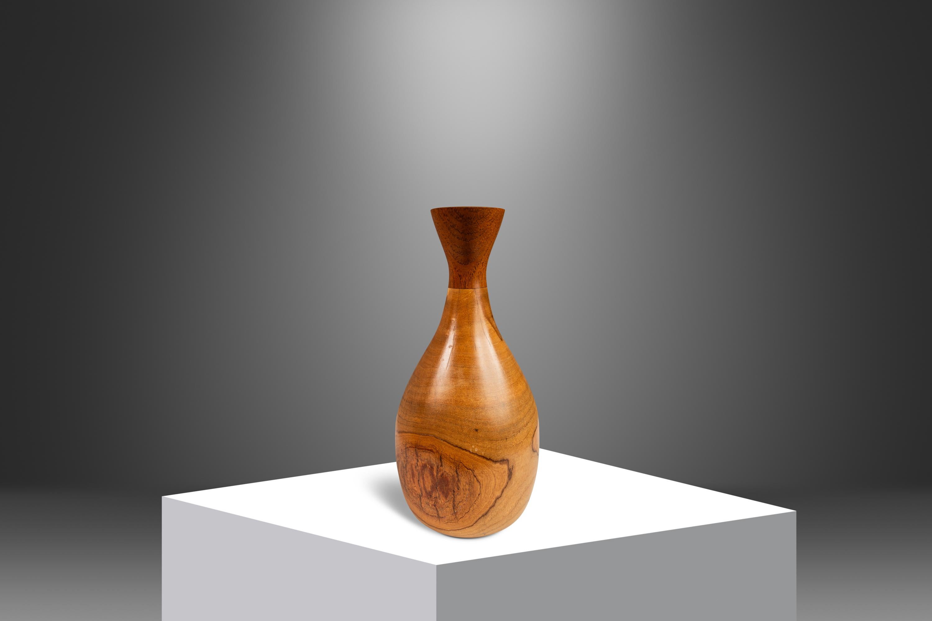 Mid-Century Wood-Turned Hand Sculpted Vase in Solid Teak & Burlwood, USA, 1970's In Good Condition For Sale In Deland, FL