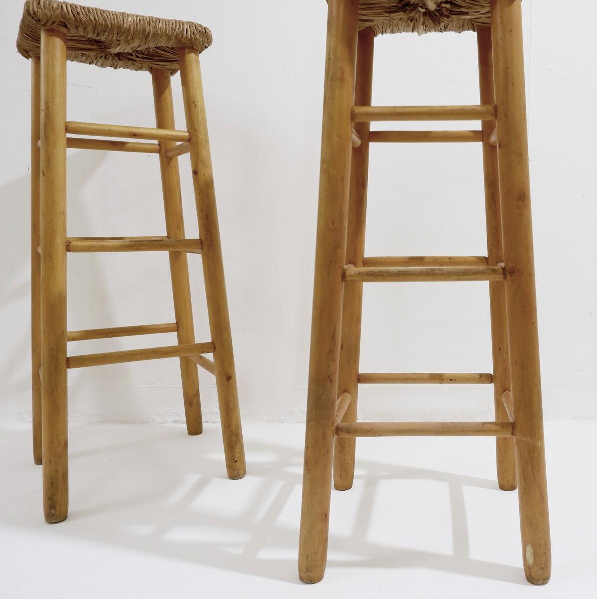 Mid-century wood woven rush bar stools, 70s - 2 available.